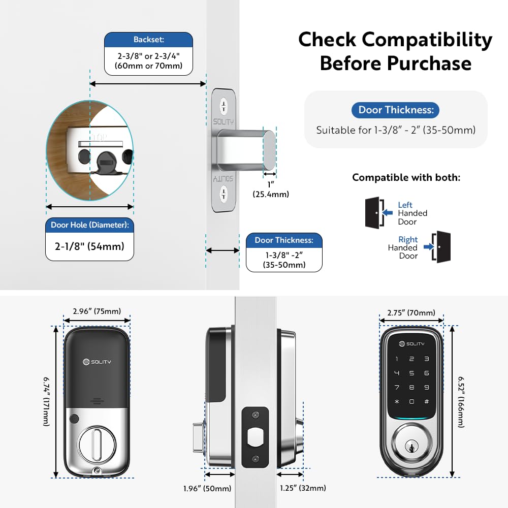 Solity No-Hub Smart Digital Door Lock, Designed in Korea, Keyless Entry, Wi-Fi, Remote Control, Touchscreen Keypad, Auto Lock, IP54 Waterproof GT10K Keypad (Satin Nickel)