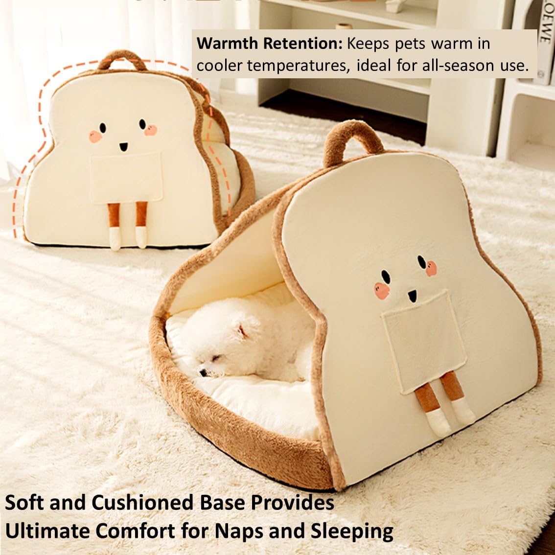 Portable Pet Cave for Puppy Kitten Cute Toast Design for Small Pets Cosy Cuddler (M:up to 5.5lbs)