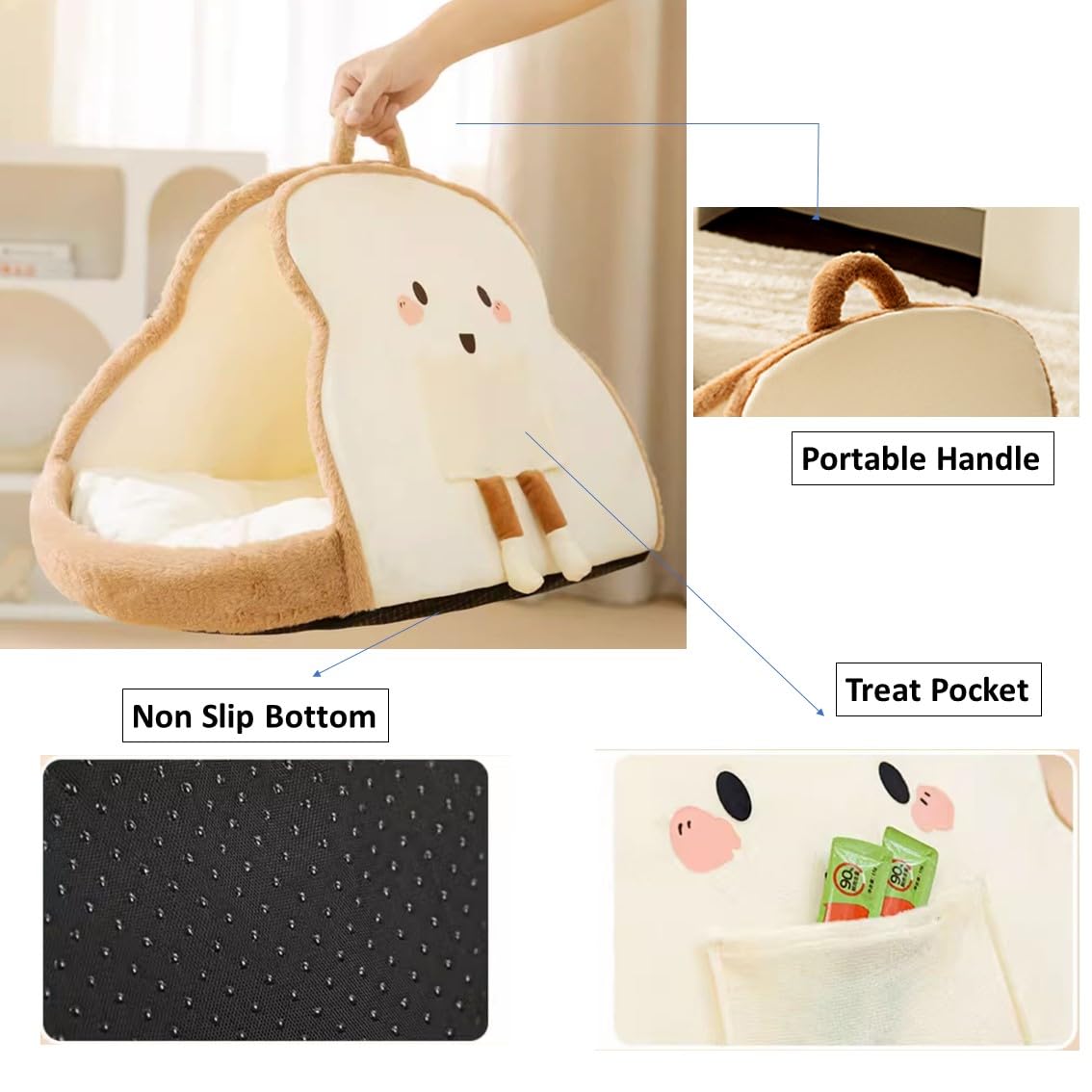 Portable Pet Cave for Puppy Kitten Cute Toast Design for Small Pets Cosy Cuddler (M:up to 5.5lbs)