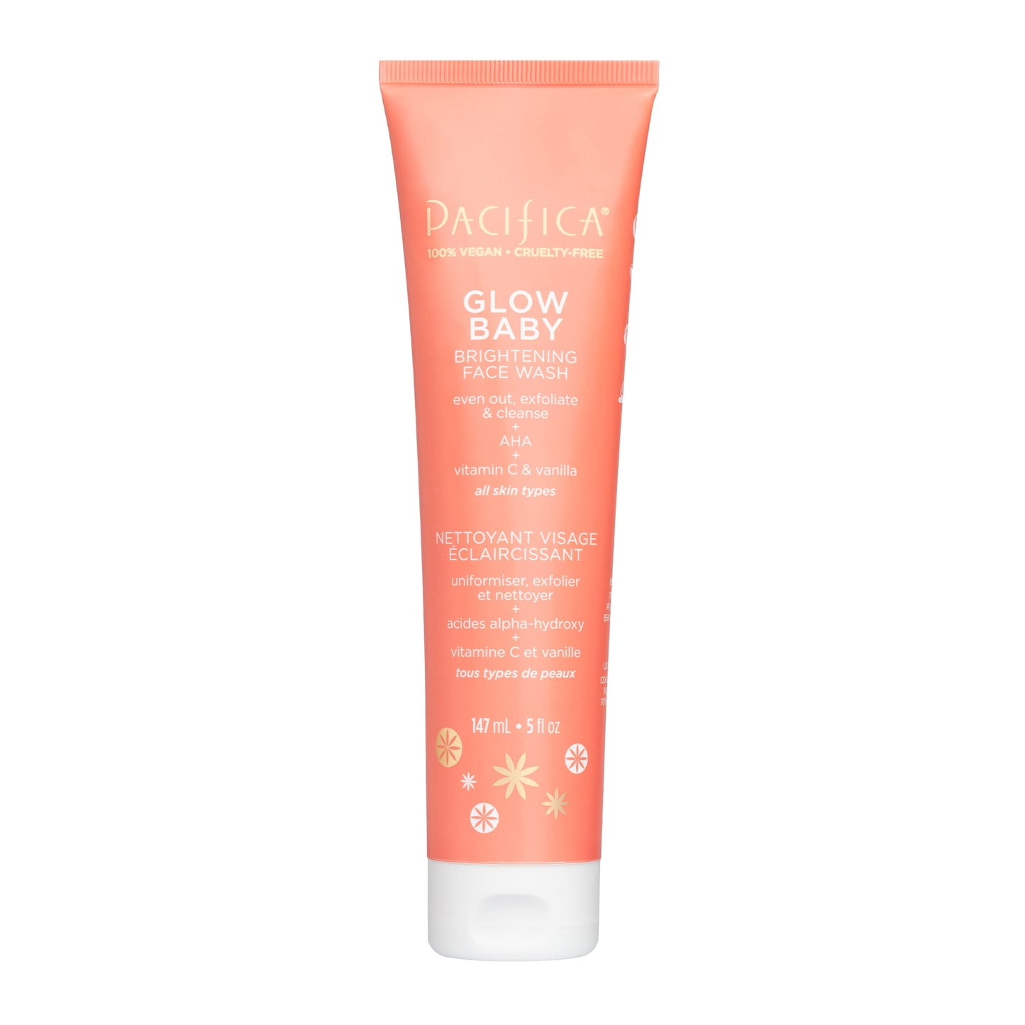Pacifica Beauty Glow Daily Face Cleanser, Exfoliating, Vitamin C, AHA, Vanilla, For All Skin Types, Sulfate and Paraben Free, Vegan and Cruelty Free, 5 Oz