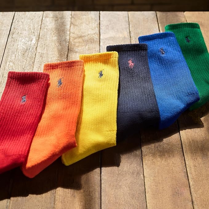 Polo Ralph Lauren Men's Athletic Performance Cotton Crew Socks-6 Pair Pack-Breathable Mesh & Sport Moisture Wicking, Brown, 6-12.5