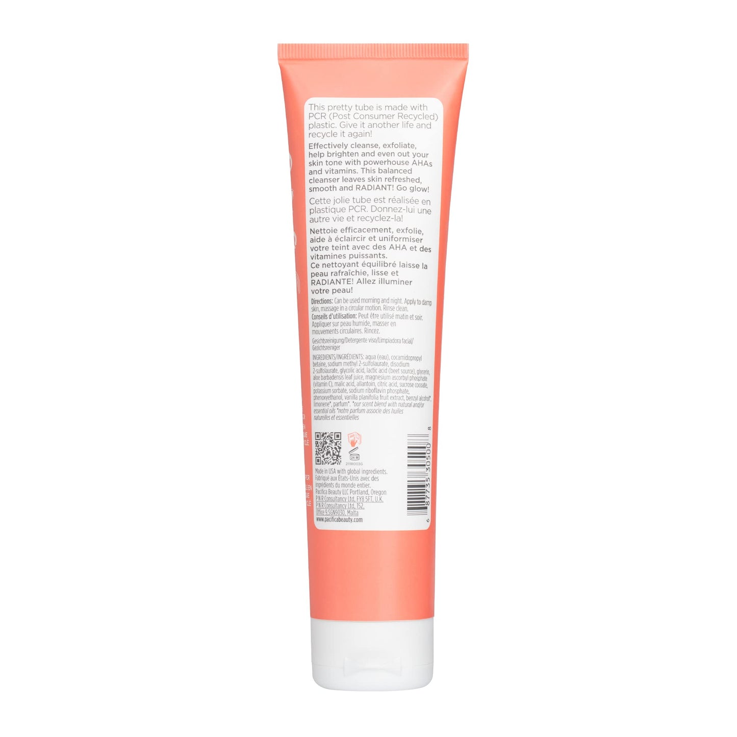Pacifica Beauty Glow Daily Face Cleanser, Exfoliating, Vitamin C, AHA, Vanilla, For All Skin Types, Sulfate and Paraben Free, Vegan and Cruelty Free, 5 Oz