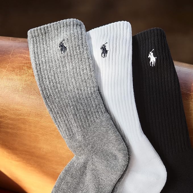 Polo Ralph Lauren Men's Athletic Performance Cotton Crew Socks-6 Pair Pack-Breathable Mesh & Sport Moisture Wicking, Brown, 6-12.5