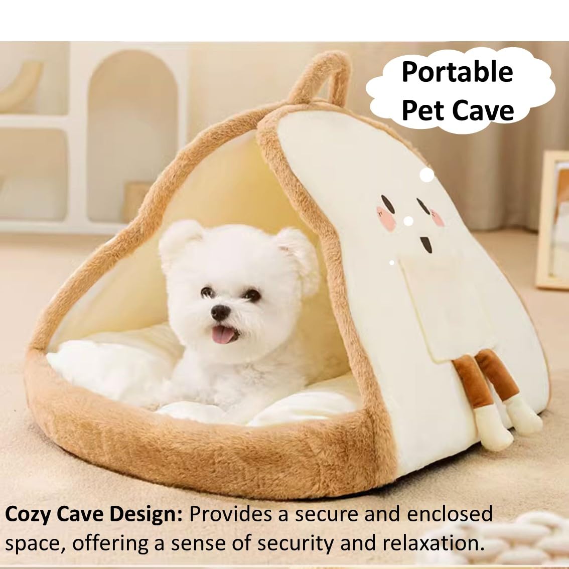 Portable Pet Cave for Puppy Kitten Cute Toast Design for Small Pets Cosy Cuddler (M:up to 5.5lbs)