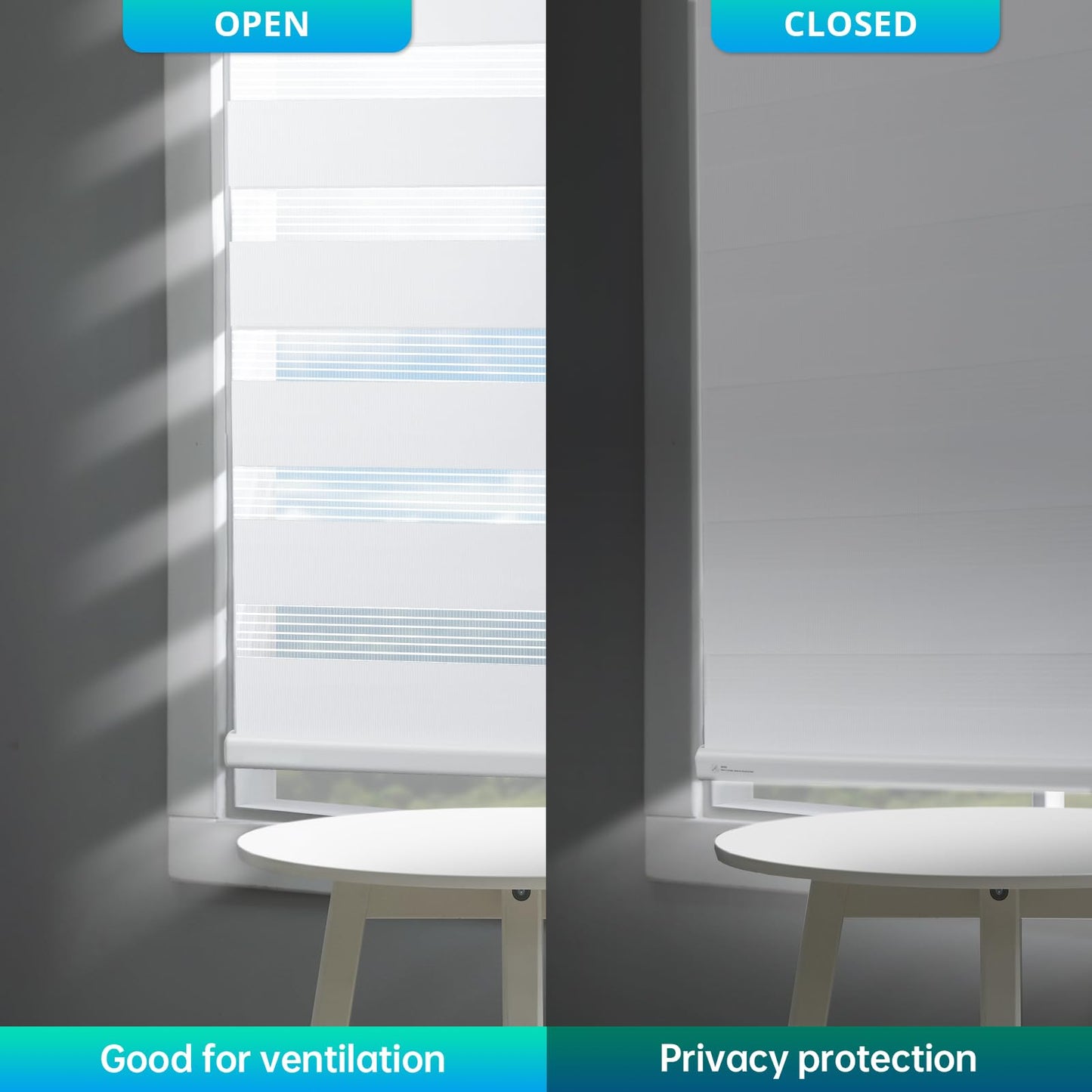 DENFOON Motorized Zebra Blinds, Solar Powered Dual Layer Automatic Shades with Remote Control, Rechargeable Smart Blinds Horizontal Wireless Electric Shades for Windows, Custom Size, White， 20 x 72