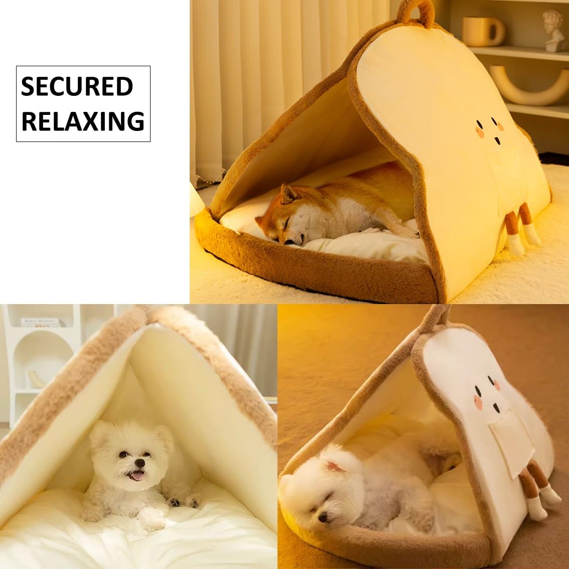 Portable Pet Cave for Puppy Kitten Cute Toast Design for Small Pets Cosy Cuddler (M:up to 5.5lbs)
