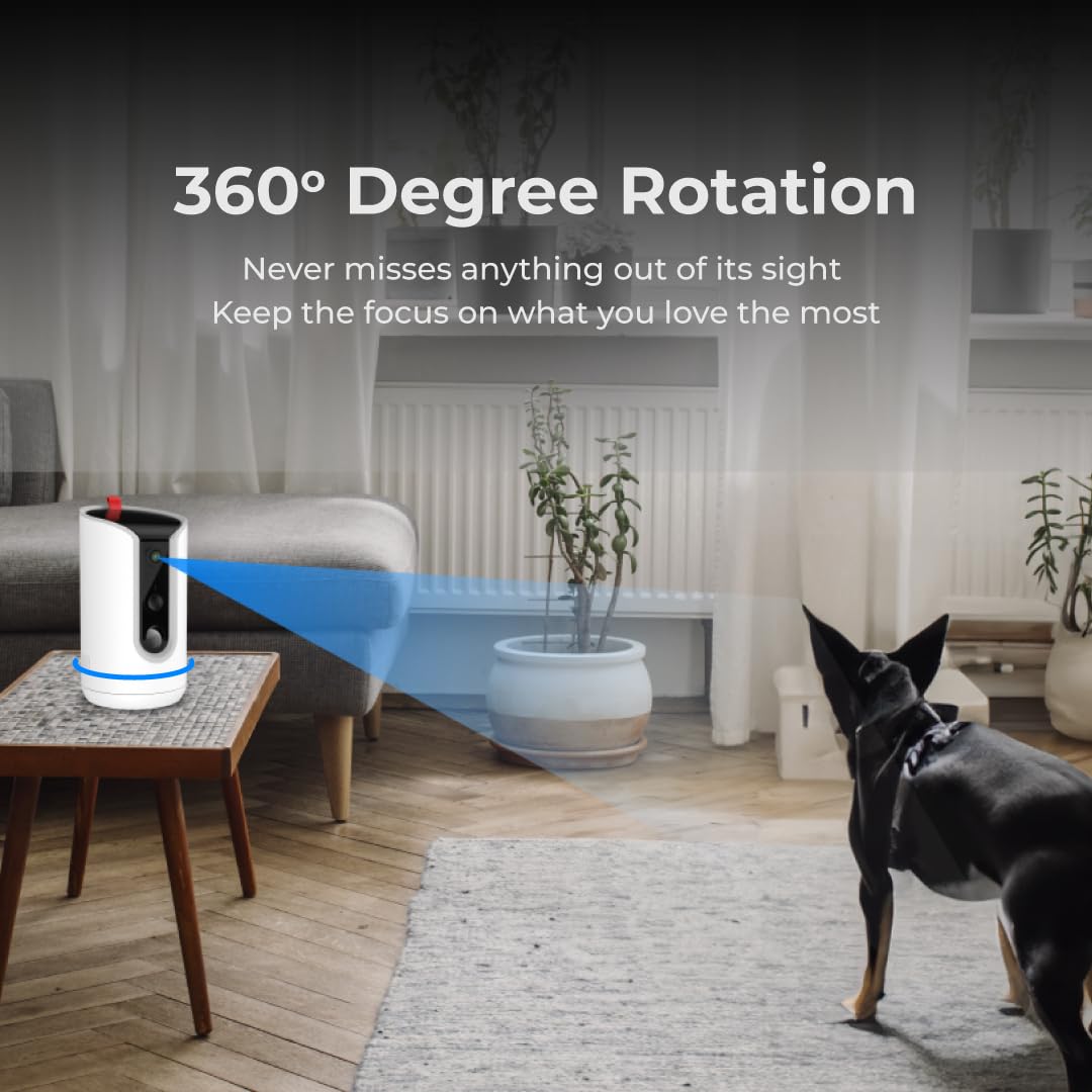 WaggleCam 2K | 360° Pet Camera with Treat Dispenser, Privacy-Enabled Built-in Storage, Free Video Streaming for Pets, Motion Alerts, Night Vision & 2-Way Audio