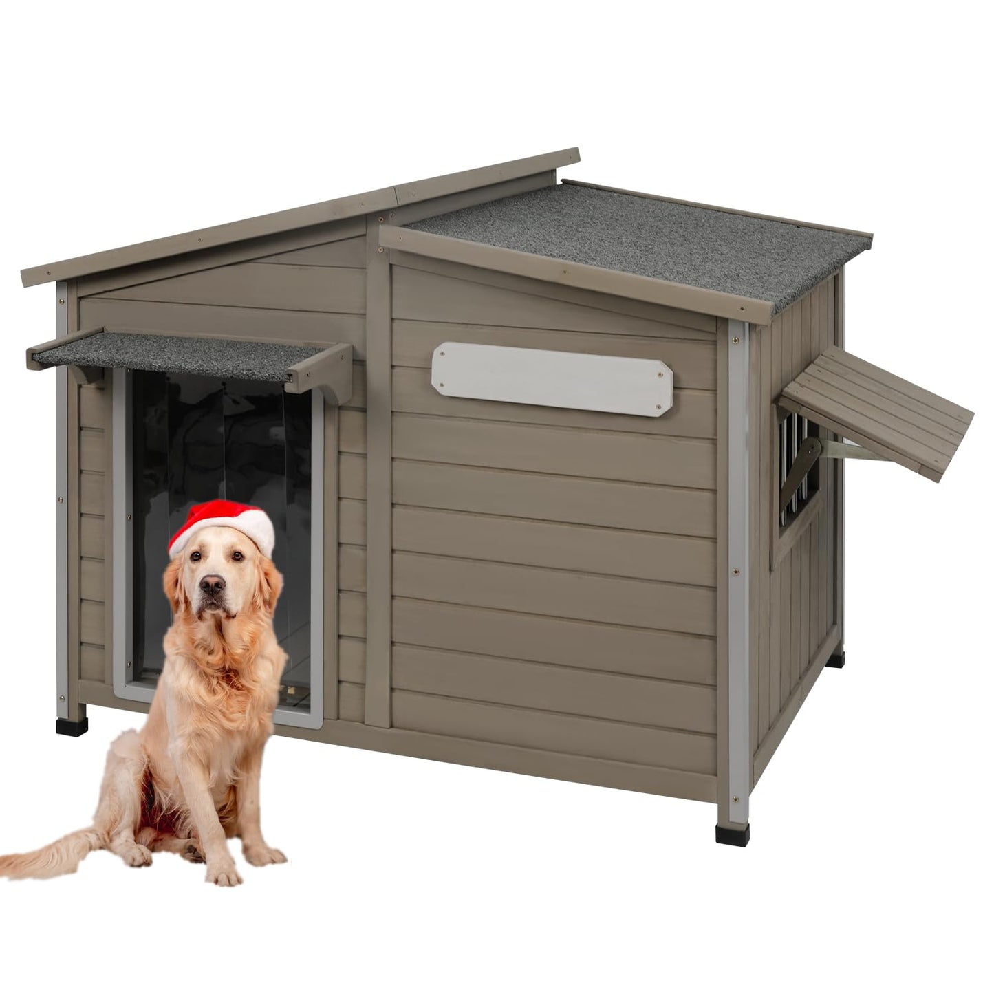 Gowoodhut Dog House Outdoor Weatherproof Large Wooden Dog Kennel Indoor with Chew-Proof Iron Frame, Removable Floor, and Adjustable Window for Large and Medium Dogs (Grey, 43.5"D x 29.5"W x 33.5"H)