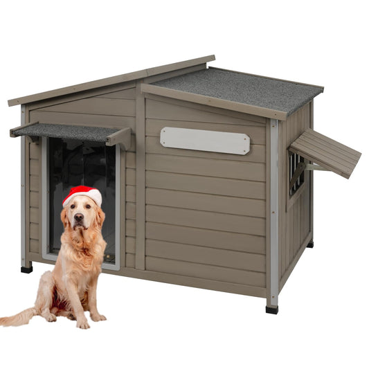 Gowoodhut Dog House Outdoor Weatherproof Large Wooden Dog Kennel Indoor with Chew-Proof Iron Frame, Removable Floor, and Adjustable Window for Large and Medium Dogs (Grey, 43.5"D x 29.5"W x 33.5"H)
