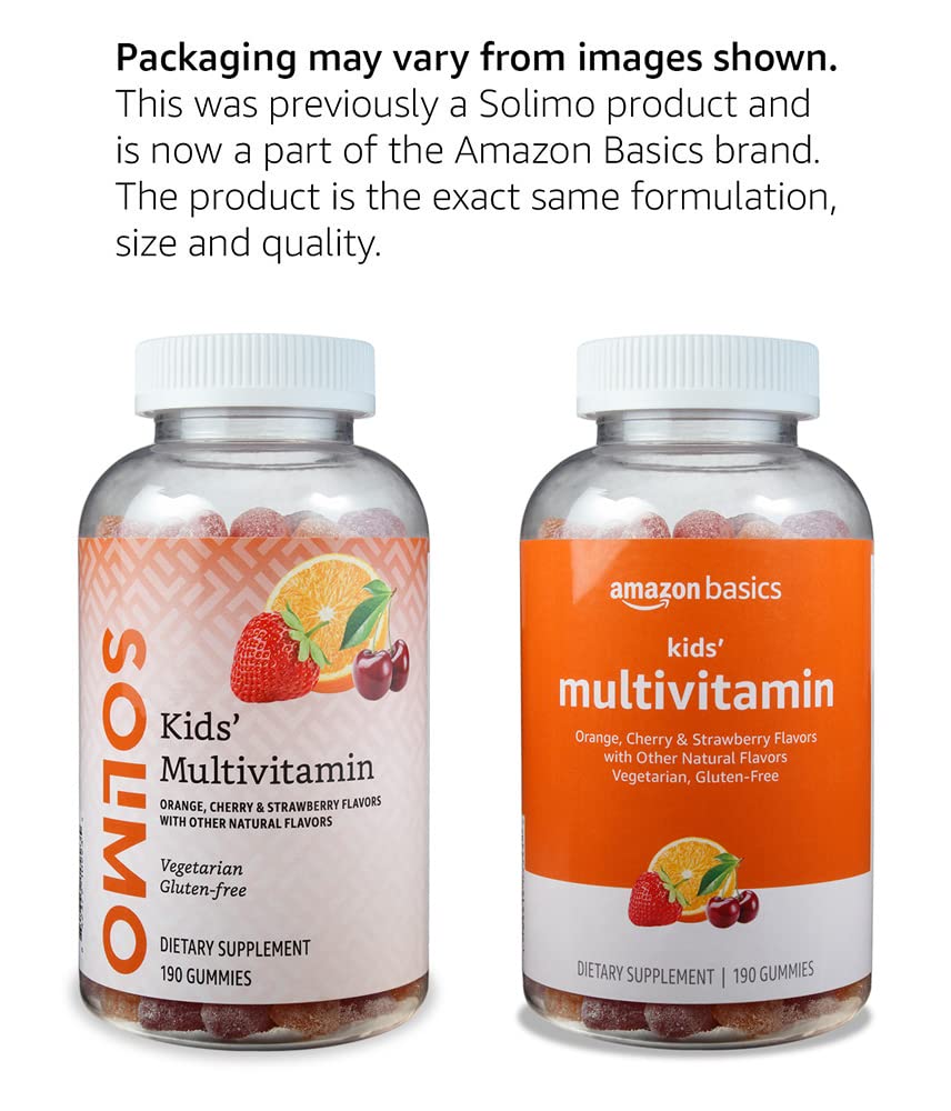 Amazon Basics Kids' Multivitamin Gummies, Orange, Cherry & Strawberry, 190 Count (Previously Solimo)