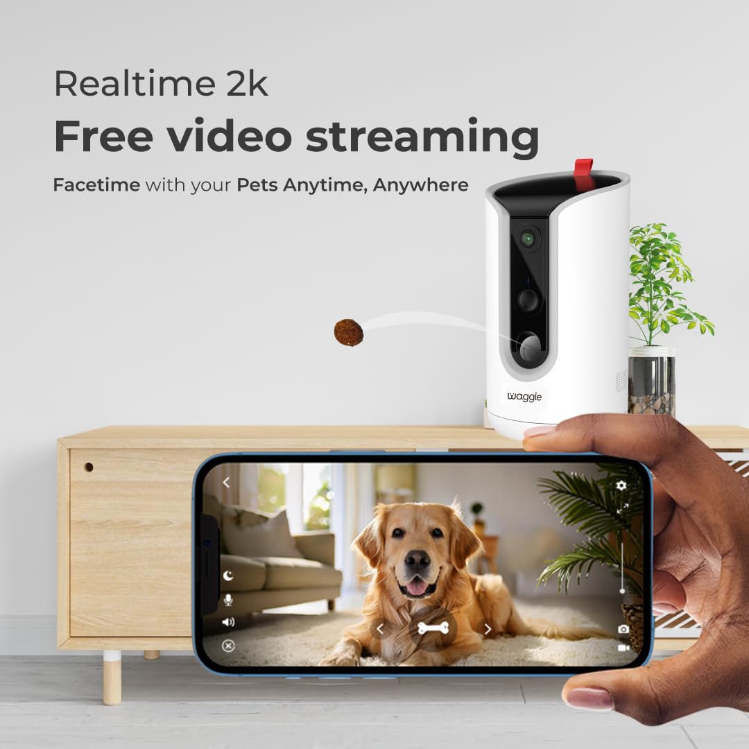 WaggleCam 2K | 360° Pet Camera with Treat Dispenser, Privacy-Enabled Built-in Storage, Free Video Streaming for Pets, Motion Alerts, Night Vision & 2-Way Audio
