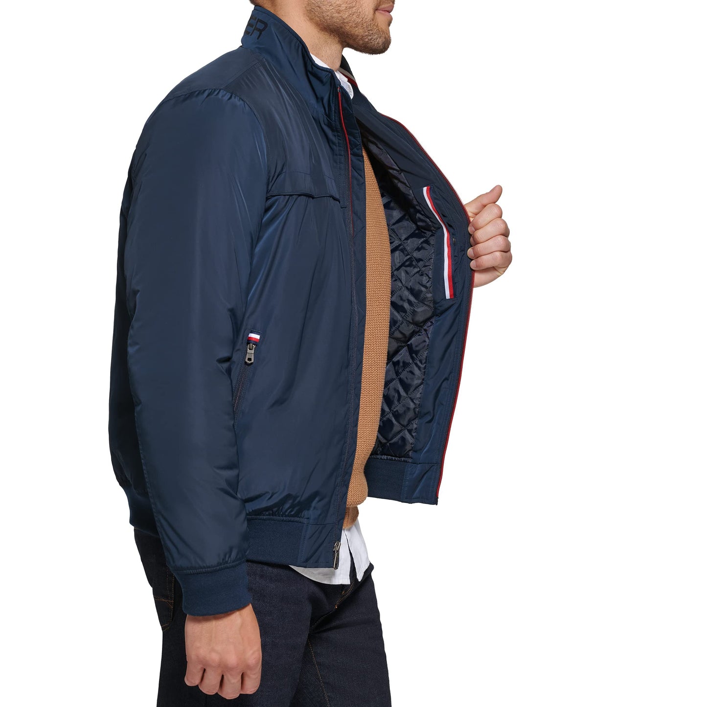 Chaqueta bomber Tommy Hilfiger Performance con efecto memoria sintética para hombre, azul marino, talla mediana