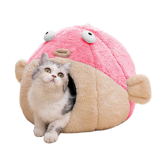 Cat Beds for Indoor Cats - Cat Bed Cave with Removable Washable Cushioned Pillow, Soft Plush Premium Cotton No Deformation Pet Bed, Lively Pufferfish Cat House Design, Pink, Multiple Sizes(M)
