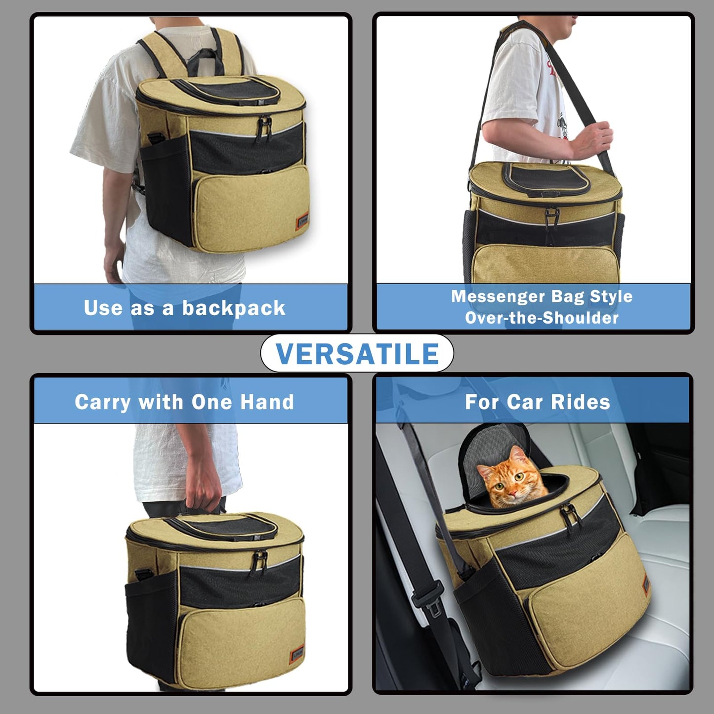 Pet Backpack Carrier for Cats，Dogs and Rabbits,5ways to Carry,Up to 18 Lbs，Ventilateda,Surface Waterproof and Soft Cushion Back Support Collapsible for Travel/Hiking/Outdoor(Green)