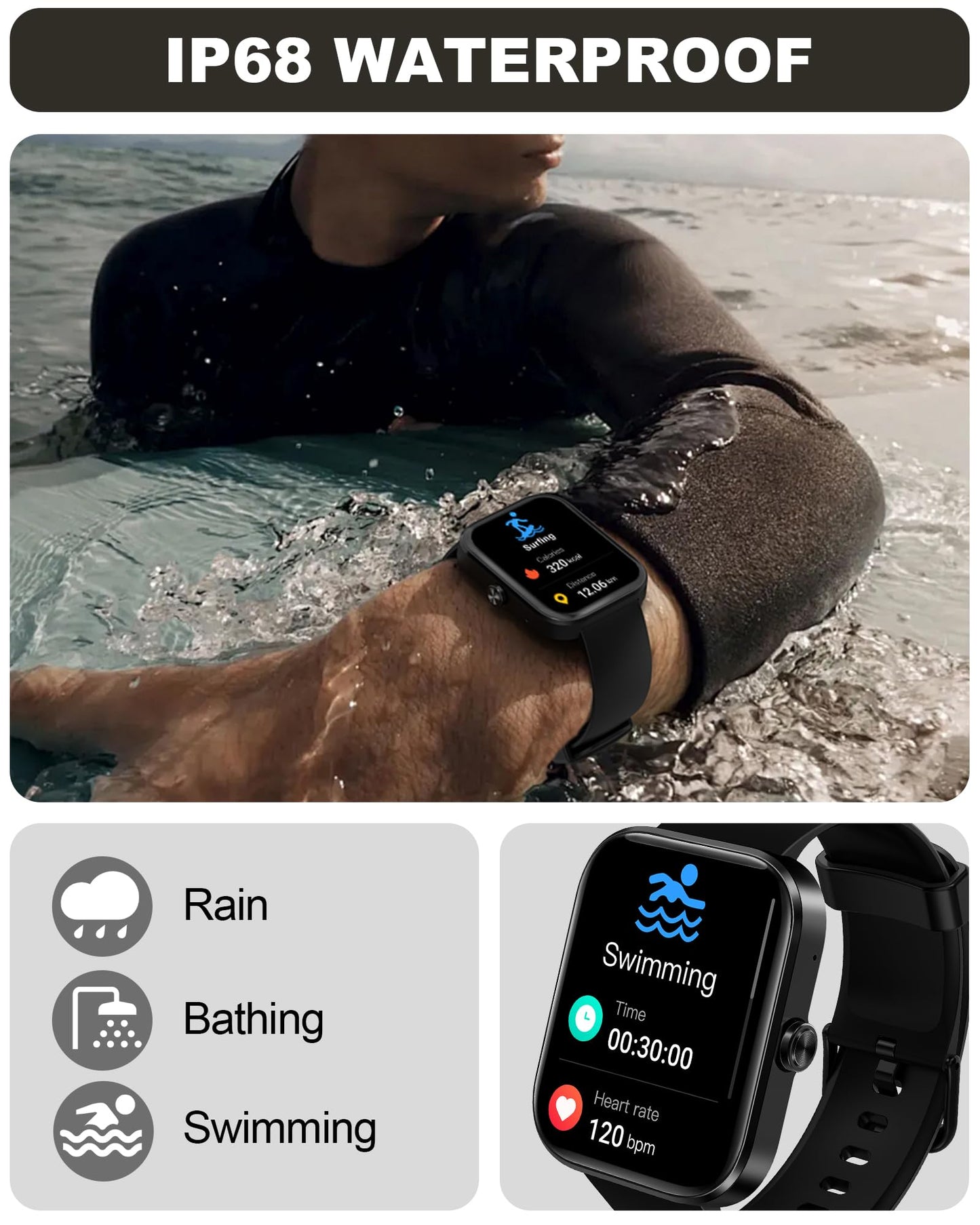 Bambooinn Smart Watch for Men Women(Answer/Make Call)-1.91" HD Fitness Smartwatch with Sleep/Heart Rate/spO2 Monitor, 113+ Sport Modes, IP68 Waterproof Smart Watch for Android iOS,Black