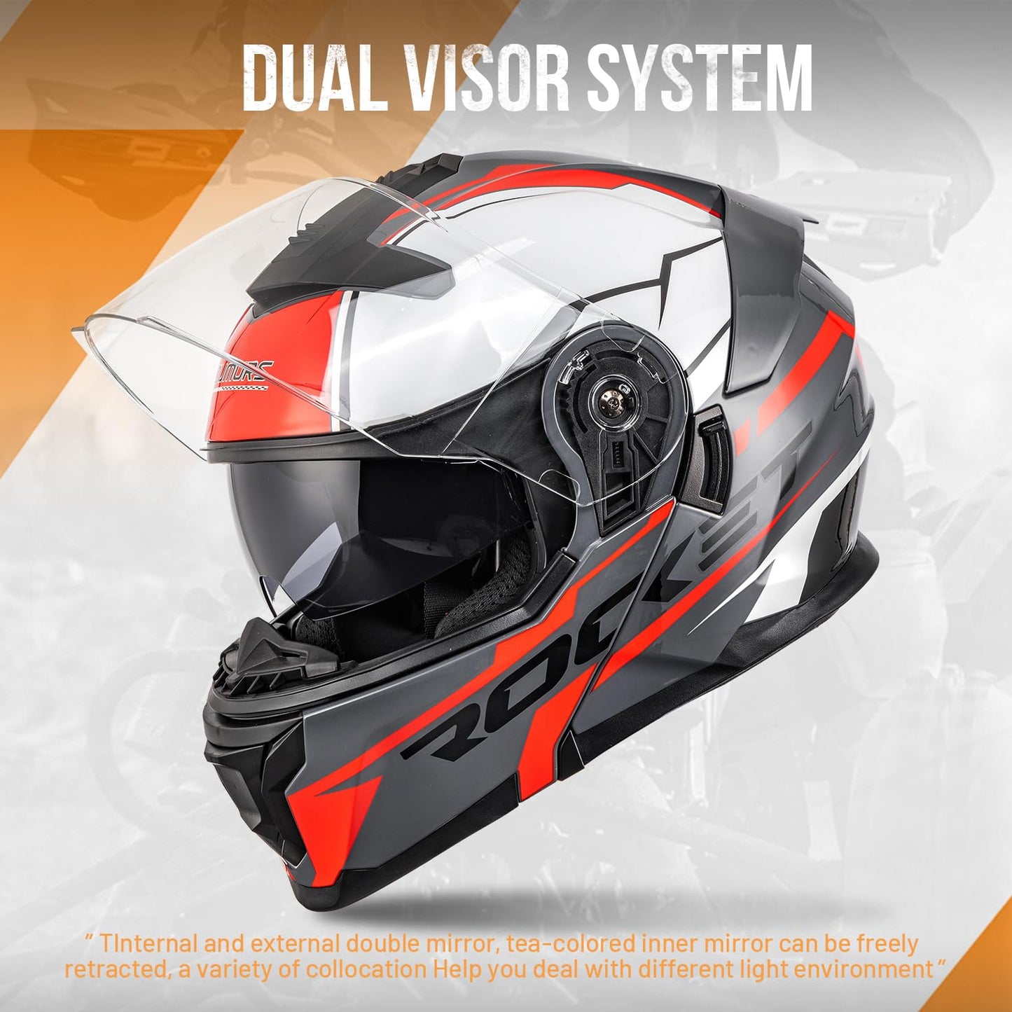 OUMURS Modular Motorcycle Helmets Full Face Flip up Street Bike Motorcycle Helmet for Unisex Adult Rocket Red - L