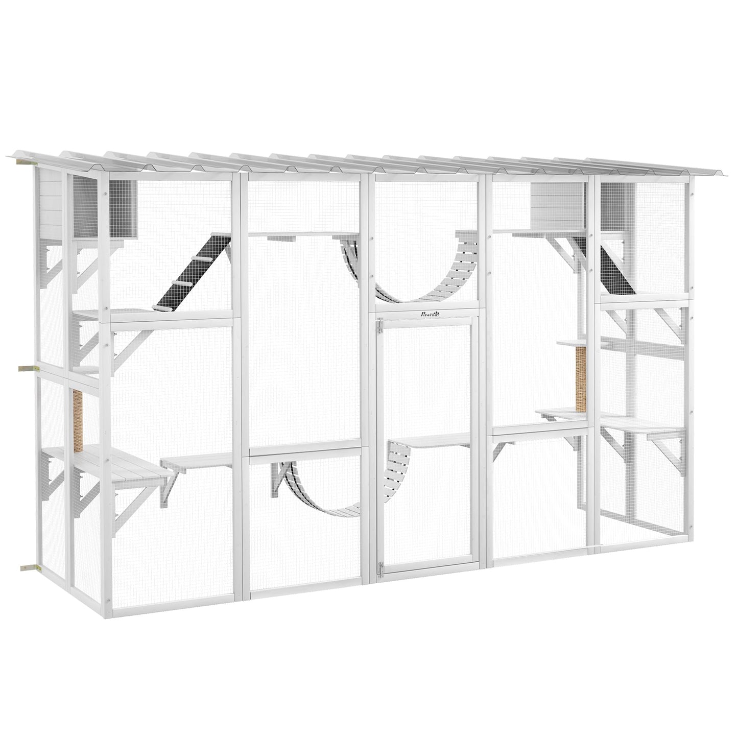 PawHut Catio Playground Cat Window Box Outside Enclosure, Outdoor Cat House with Weather Protection Roof for Multiple Kitties, Wooden Frame, Shelves & Bridges, 118" x 37.5" x 74", White