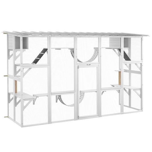 PawHut Catio Playground Cat Window Box Outside Enclosure, Outdoor Cat House with Weather Protection Roof for Multiple Kitties, Wooden Frame, Shelves & Bridges, 118" x 37.5" x 74", White