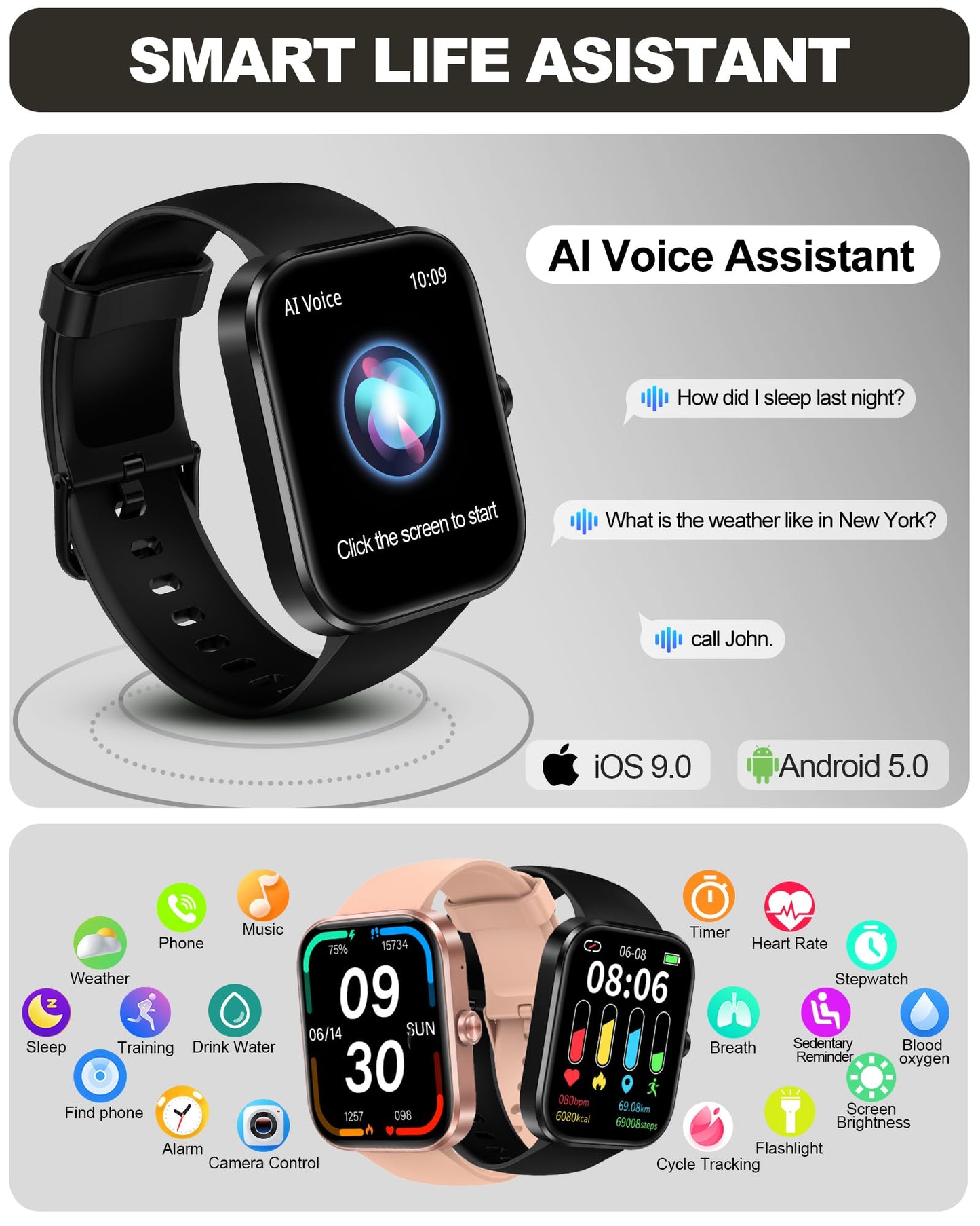 Bambooinn Smart Watch for Men Women(Answer/Make Call)-1.91" HD Fitness Smartwatch with Sleep/Heart Rate/spO2 Monitor, 113+ Sport Modes, IP68 Waterproof Smart Watch for Android iOS,Black