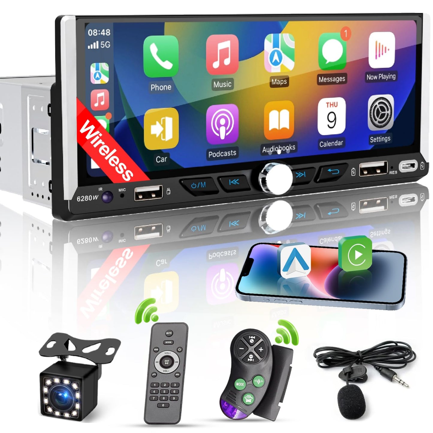 Single Din Car Radio Compatible with Wireless Apple CarPlay, Car Stereo with 6.9'' IPS Touchscreen,Bluetooth,FM AM Radio,GPS Navigation,Type-C/Dual USB 2.1A Fast Charge/Rear View Camera,MP5