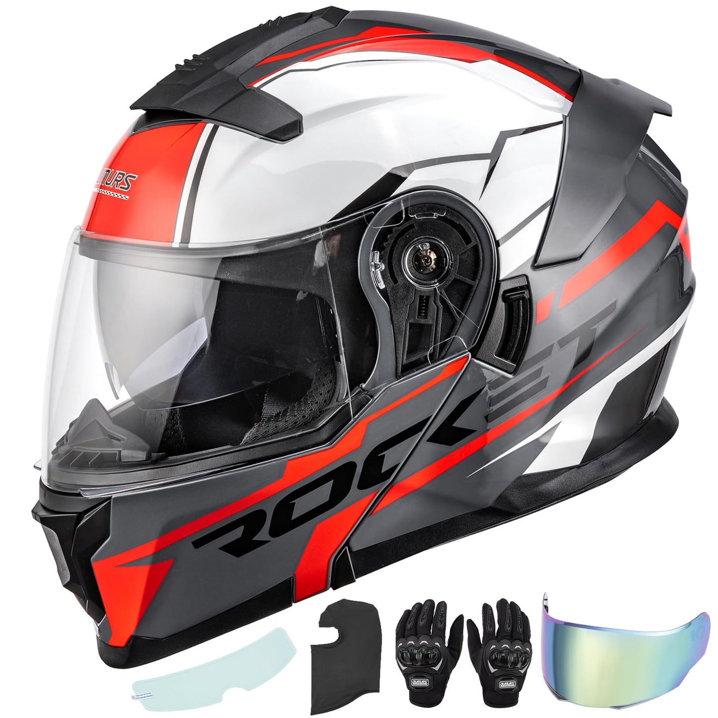 OUMURS Modular Motorcycle Helmets Full Face Flip up Street Bike Motorcycle Helmet for Unisex Adult Rocket Red - L