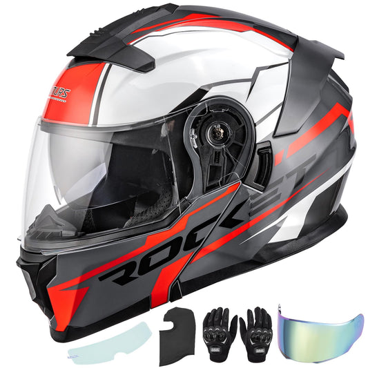 OUMURS Modular Motorcycle Helmets Full Face Flip up Street Bike Motorcycle Helmet for Unisex Adult Rocket Red - L