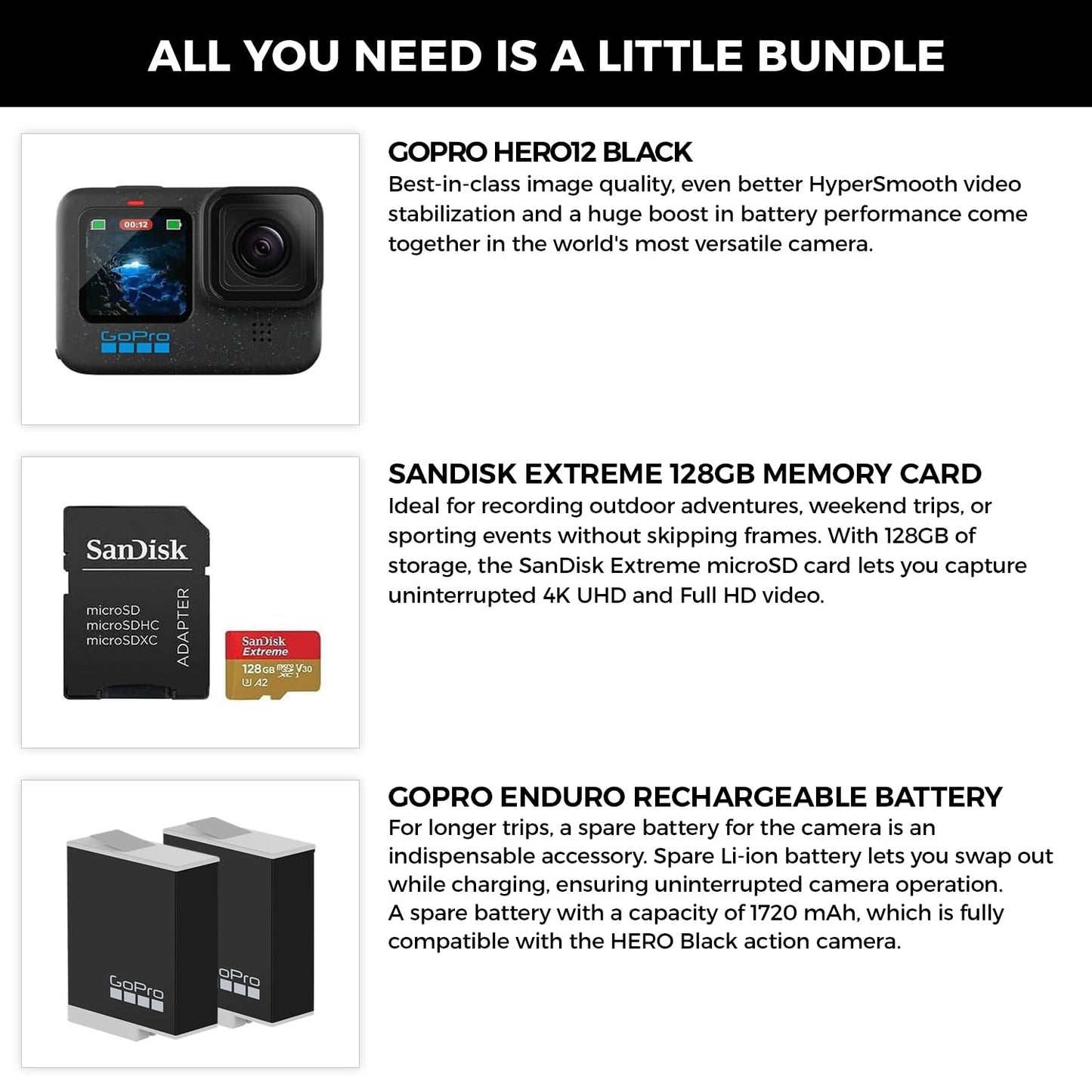 GoPro HERO12 Black 4K Camera with Hypersmooth Stabilization, and Waterproof Ultra-Rugged Design, Bundle with Extra Enduro Rechargeable Li-Ion Battery and SanDisk 128GB Extreme Memory Card