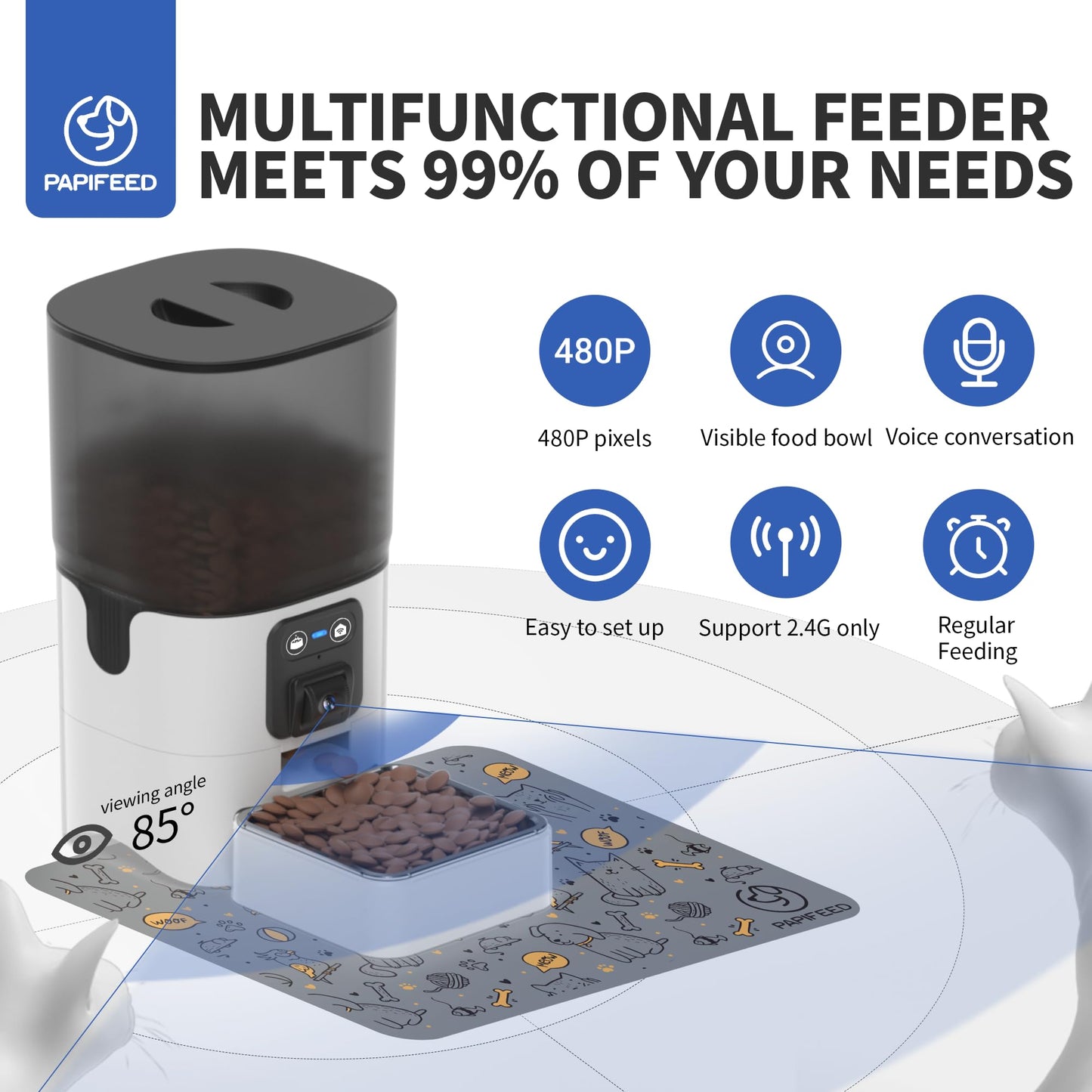 PAPIFEED Comedero automático para gatos con cámara, ángulo ajustable, WiFi 2.4G/App