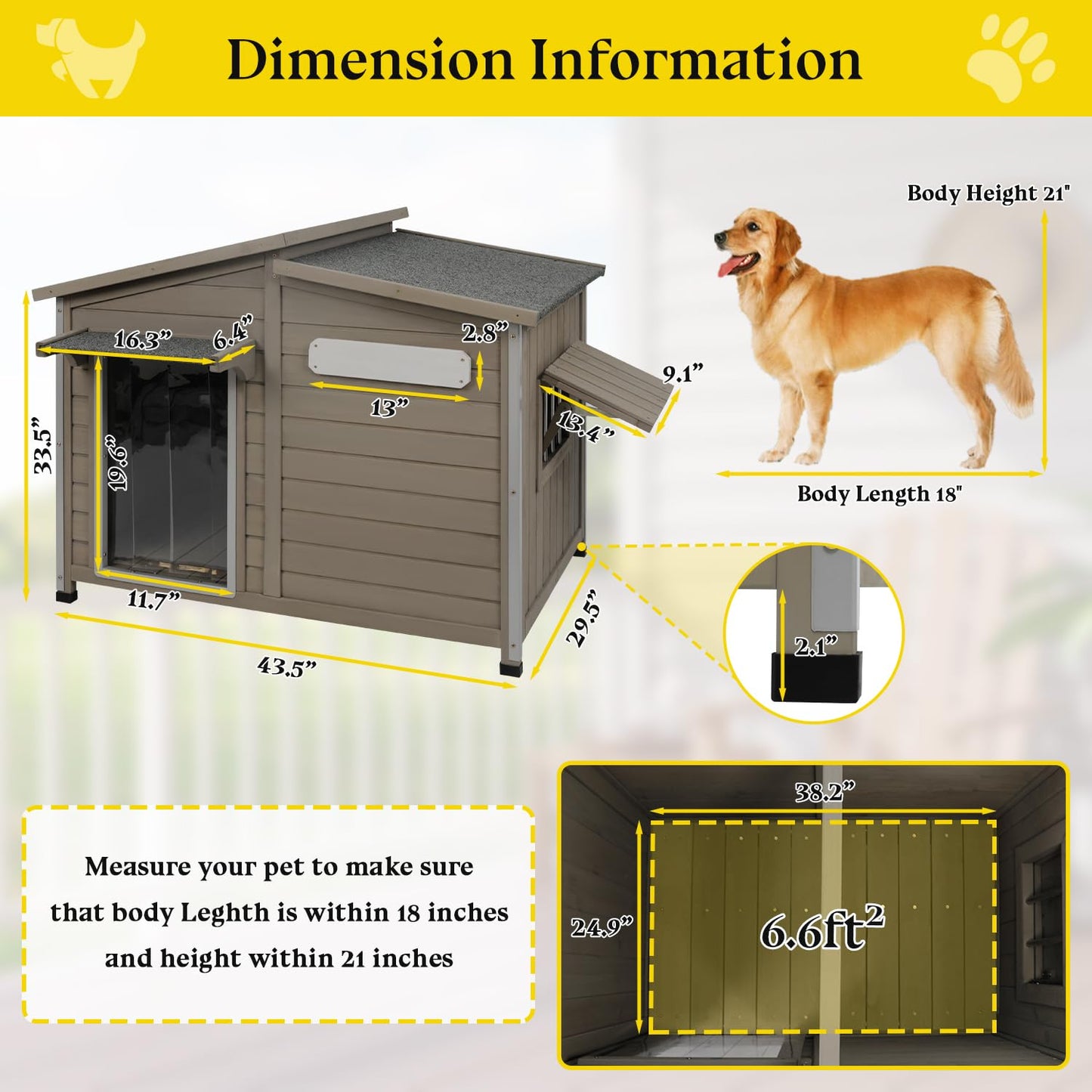 Gowoodhut Dog House Outdoor Weatherproof Large Wooden Dog Kennel Indoor with Chew-Proof Iron Frame, Removable Floor, and Adjustable Window for Large and Medium Dogs (Grey, 43.5"D x 29.5"W x 33.5"H)