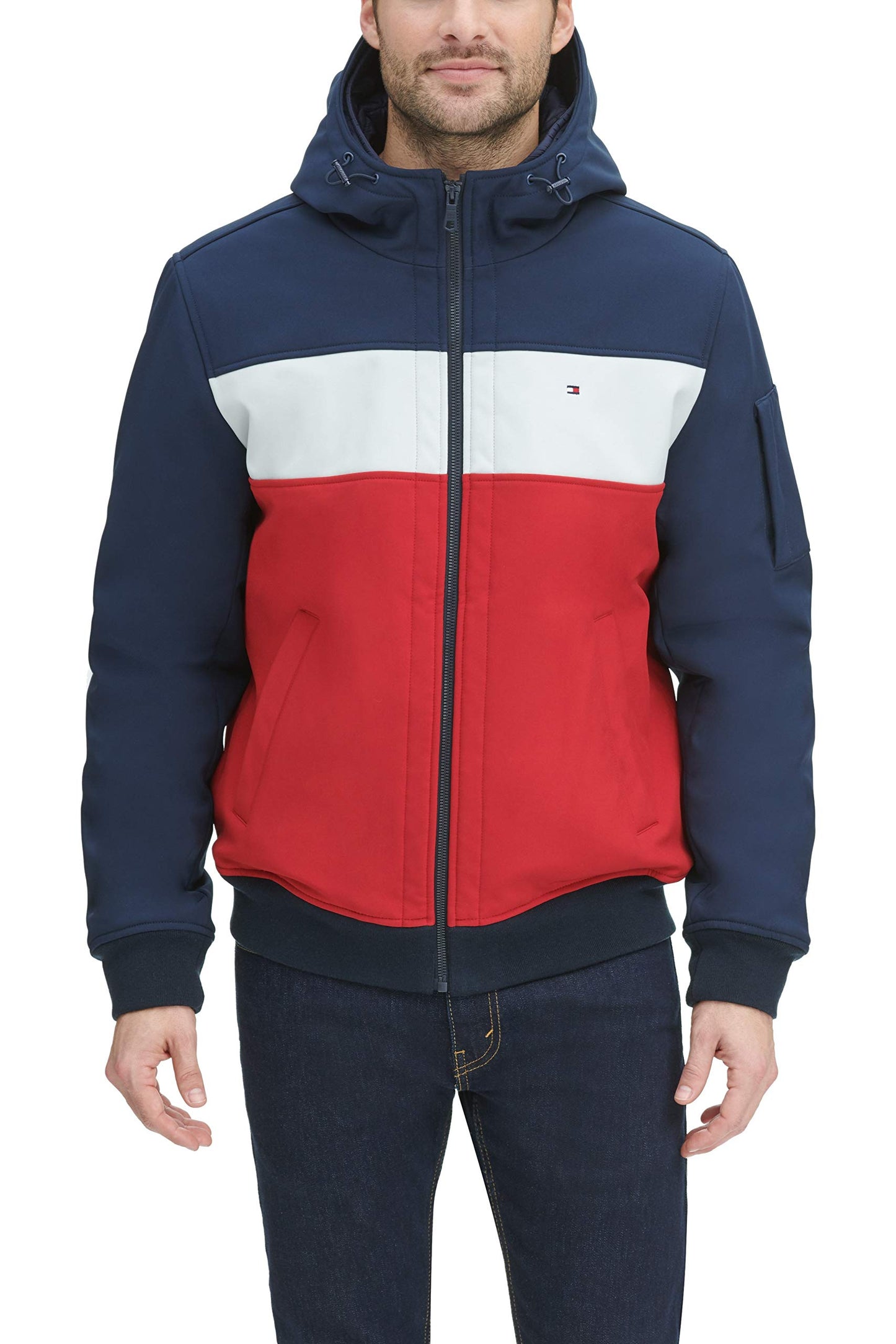Tommy Hilfiger Women's Soft Shell Fashion Bomber with Contrast Bib and Hood, Midnight/Ice/Red, Medium