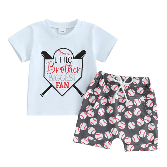 Dewadbow Toddler Boy Girl Baseball Clothes Letter Print Short Sleeve Tshirt Top Baseball Shorts Set Kids Casual Summer Outfit (White Little Brother Biggest Fan, 6-12 Months)