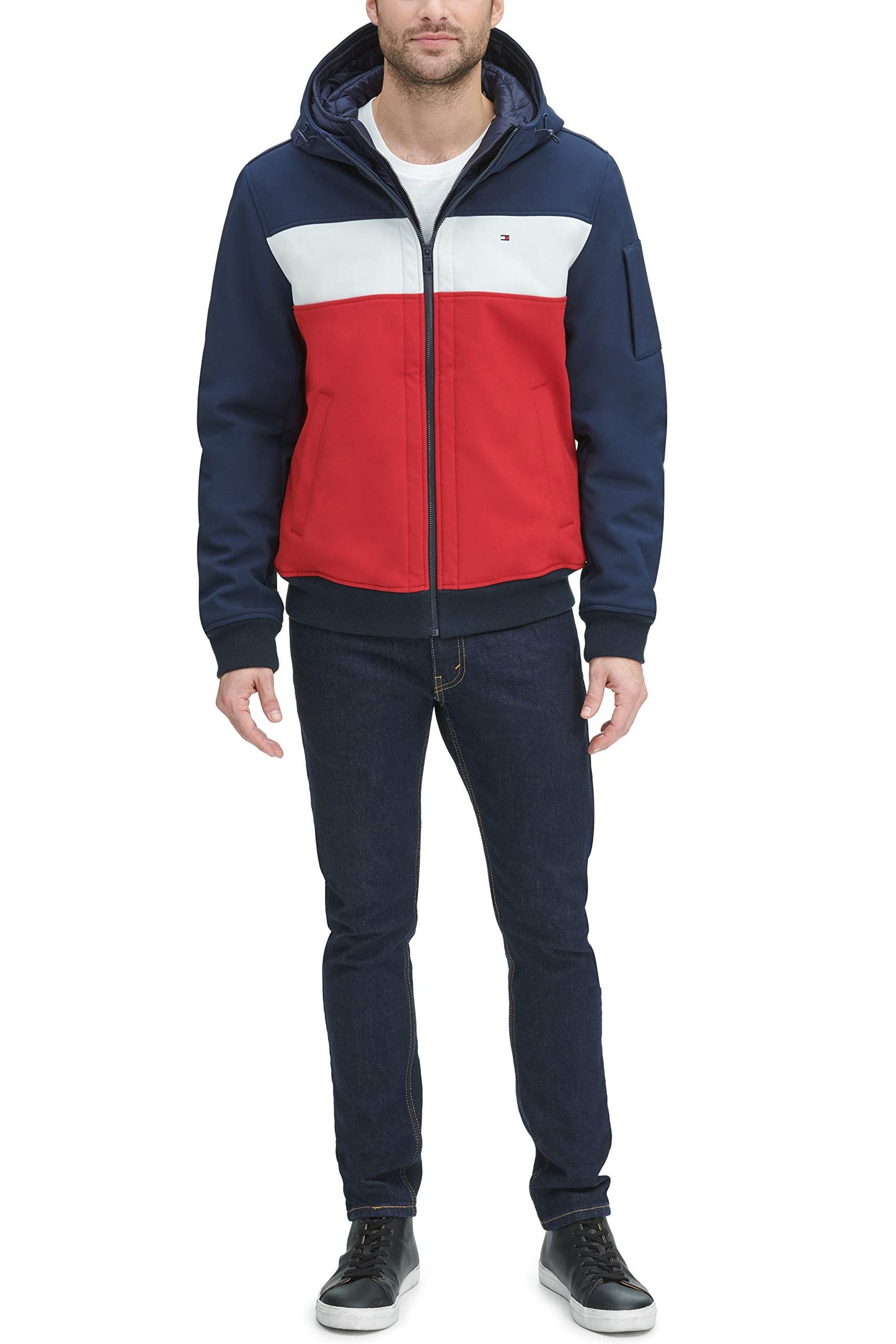 Tommy Hilfiger Women's Soft Shell Fashion Bomber with Contrast Bib and Hood, Midnight/Ice/Red, Medium