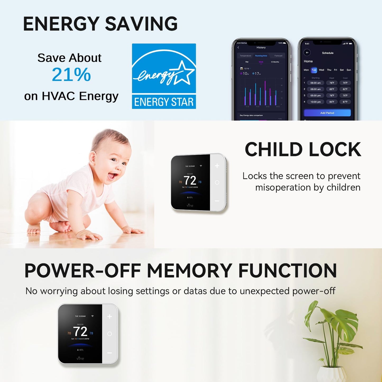 Vine Thermostat for Home with Touchscreen Color Display, WiFi Smart Thermostat Compatible with Alexa and Google Assistant, 7day/8period Programmable, Energy Saving, C-Wire Required, Screen Size 2.8"