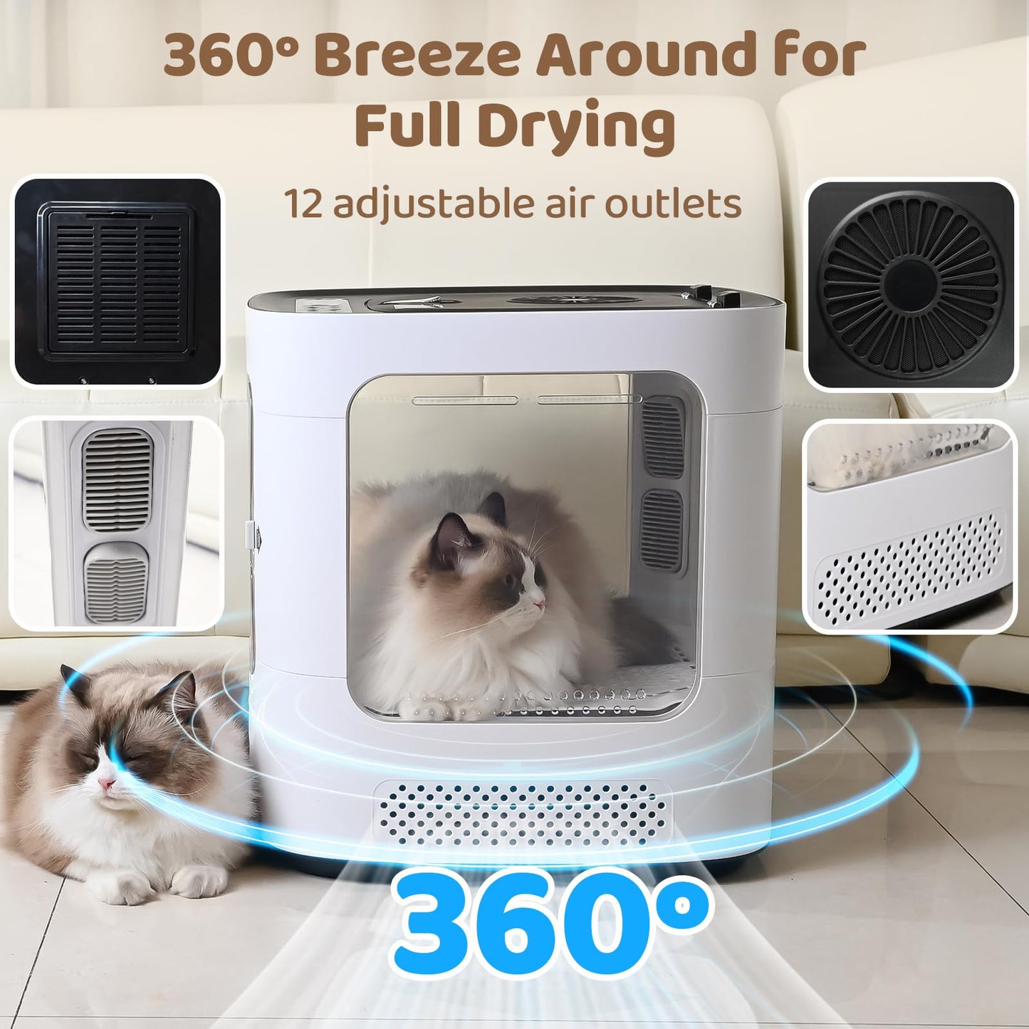 Exquimac 64L Pet Dryer Box Ultra Quiet Anion with Smart Temperature Control, 360° Fast Dry, Overheating Protection, Four-Sided Visibility, 4 Modes, Automatic Drying for Cats & Small Dogs