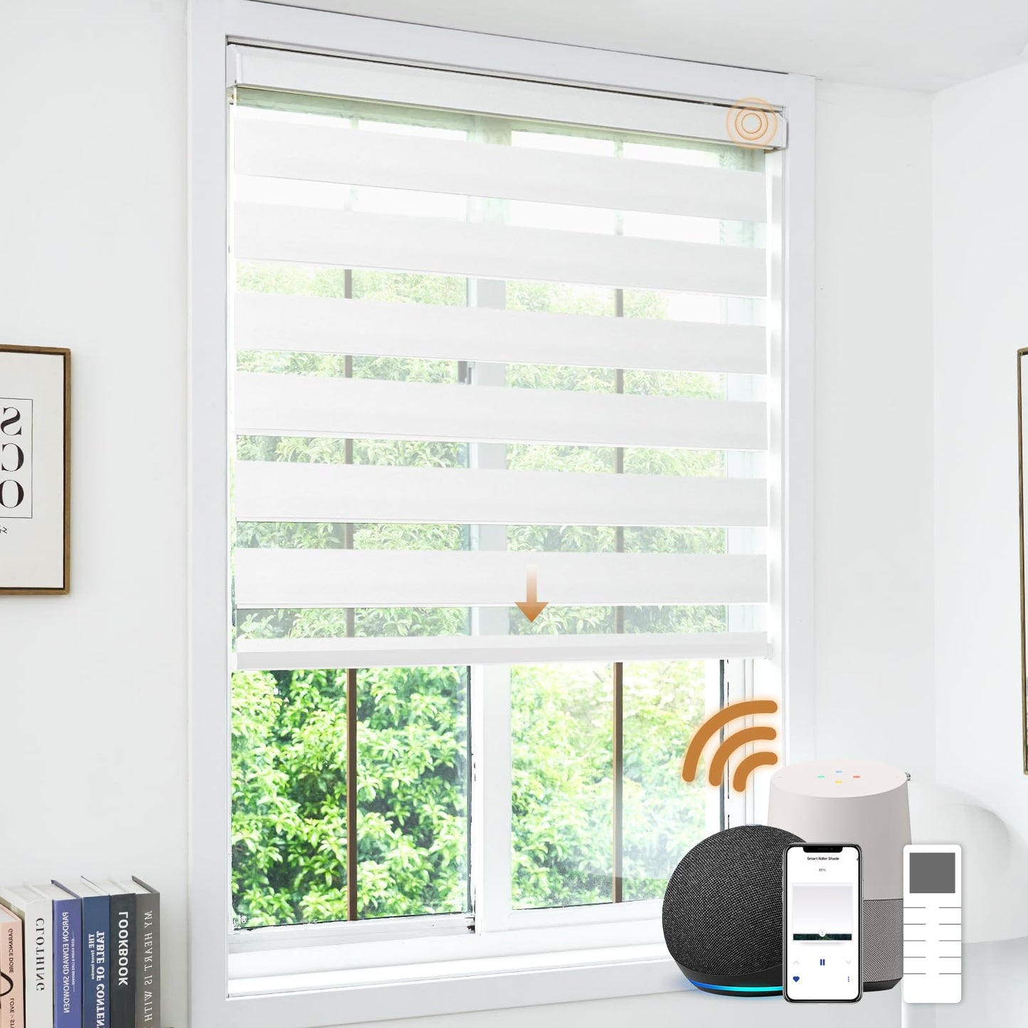 JOYENG Motorized Zebra Blinds Compatible with Alexa, Smart Dual Layer Shades with Privacy Light Control, Electric Horizontal Window Blind Customized Size for Home Office (Luxury White)