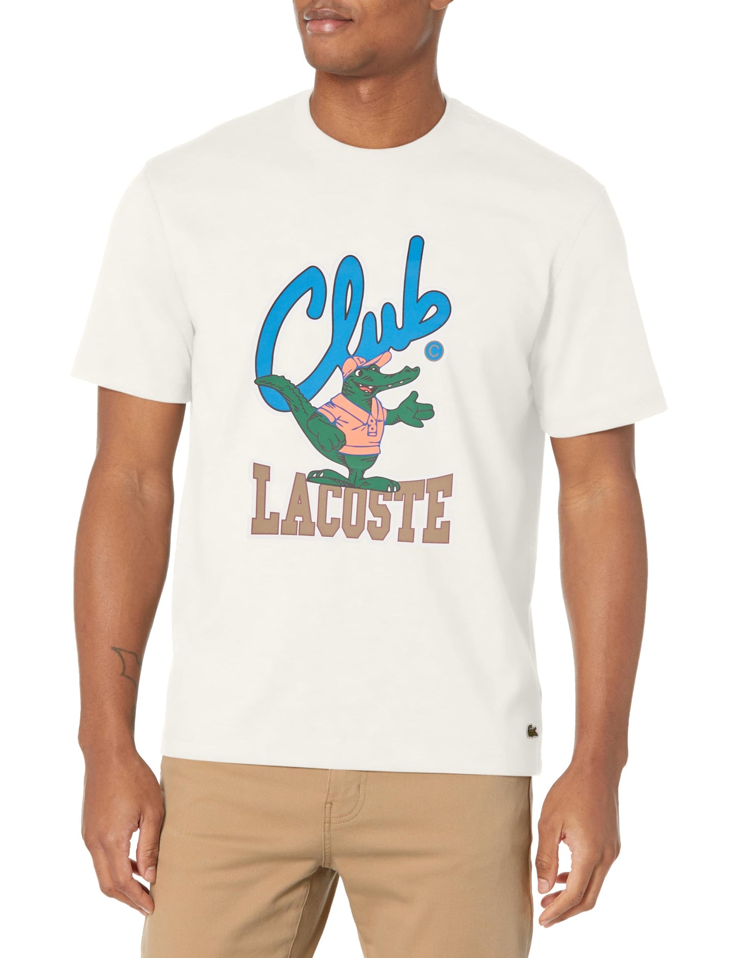 Lacoste Men's Short Sleeve Crew Neck Club Graphic T-Shirt, Farine, XX-Small