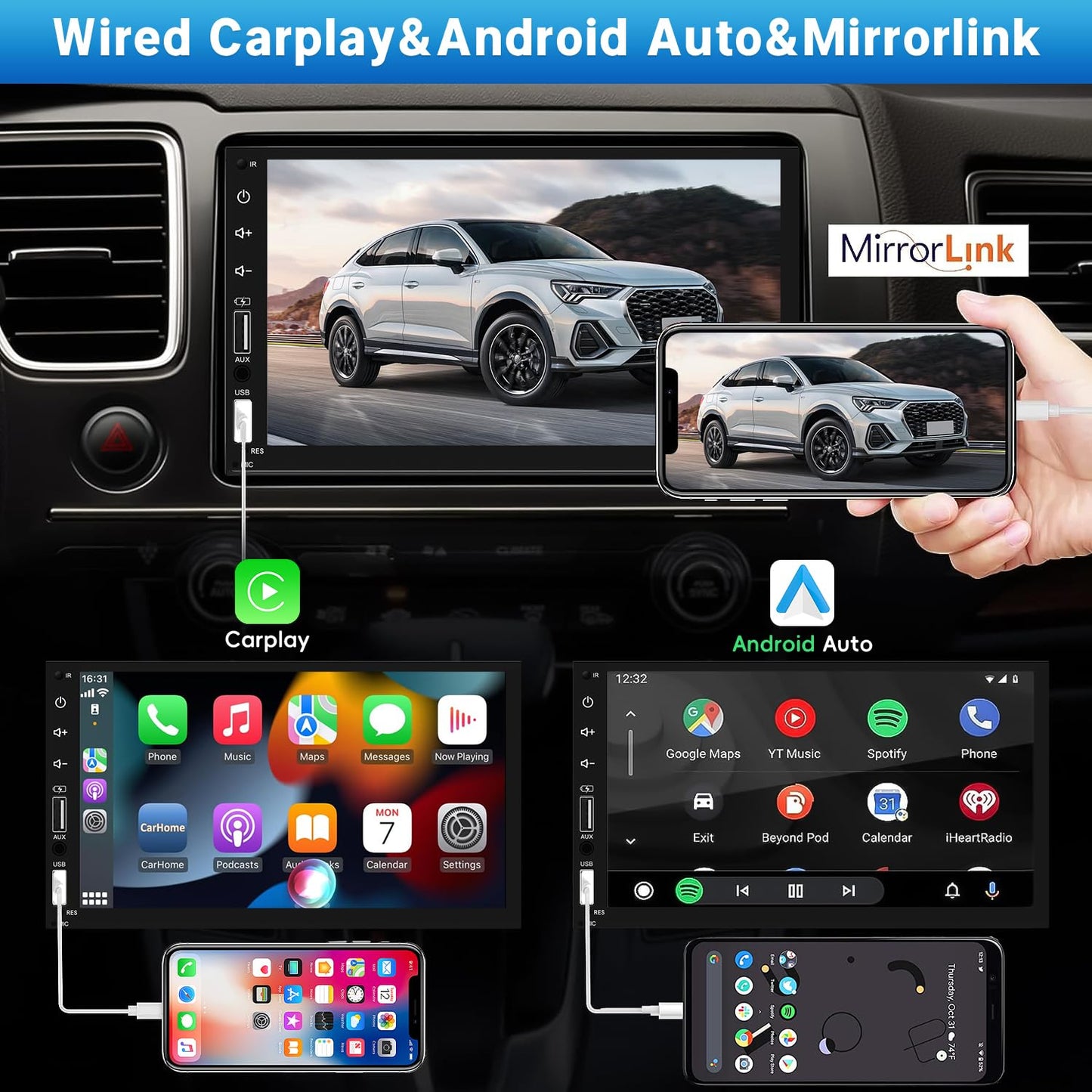 Leadfan Double Din Car Stereo Radio Support Apple Carplay&Android Auto, 7inch HD Touchscreen Double Din Radio with Bluetooth, Car Audio Receivers, Camera, MirrorLink, FM Radio, 2 USB/TF/AUX/Subwoofer