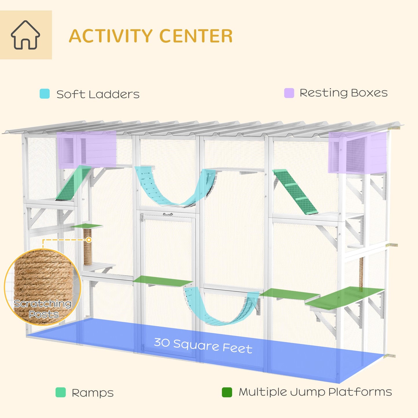 PawHut Catio Playground Cat Window Box Outside Enclosure, Outdoor Cat House with Weather Protection Roof for Multiple Kitties, Wooden Frame, Shelves & Bridges, 118" x 37.5" x 74", White