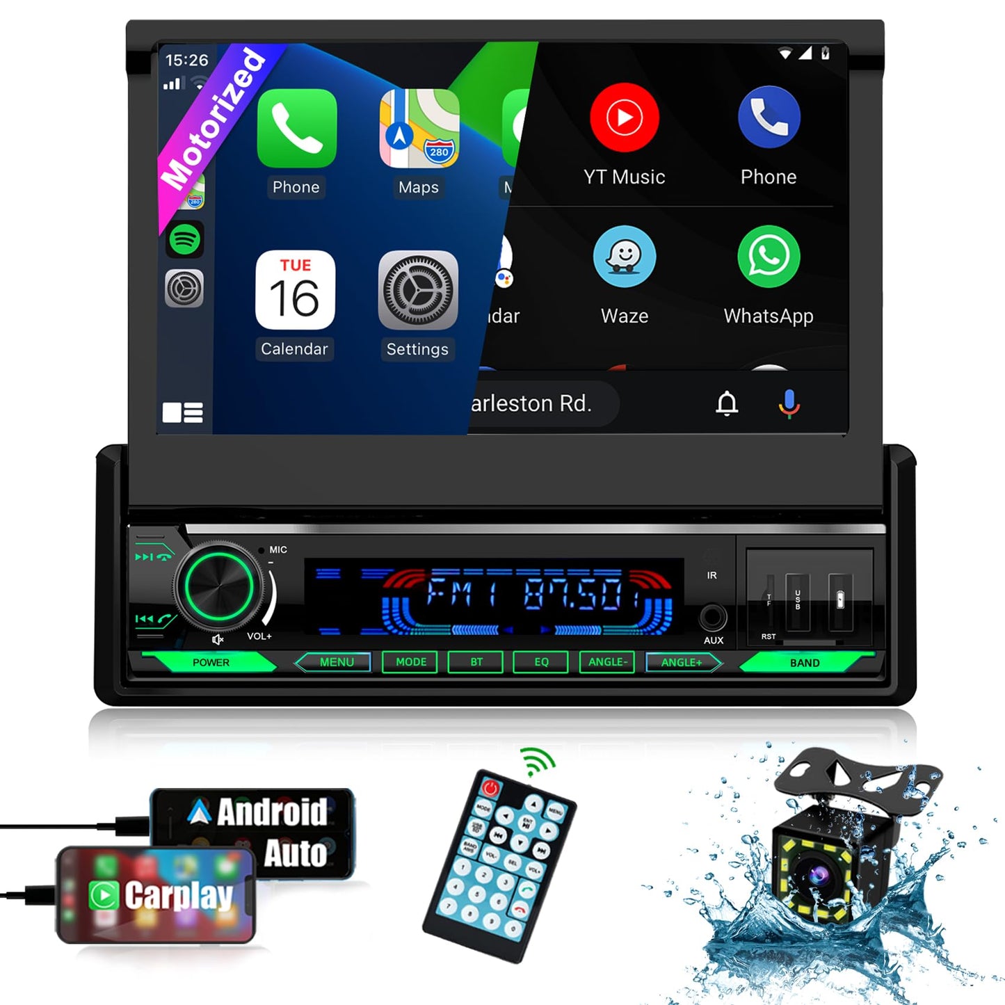 (Motorized&HD Screen) Single Din Apple Carplay Car Stereo with Android Auto - 7 Inch Flip Out Touchscreen Car Radio with Bluetooth| Mirror Link| Backup Camera/USB/AUX Input/AM/FM/Subwoofer/DSP