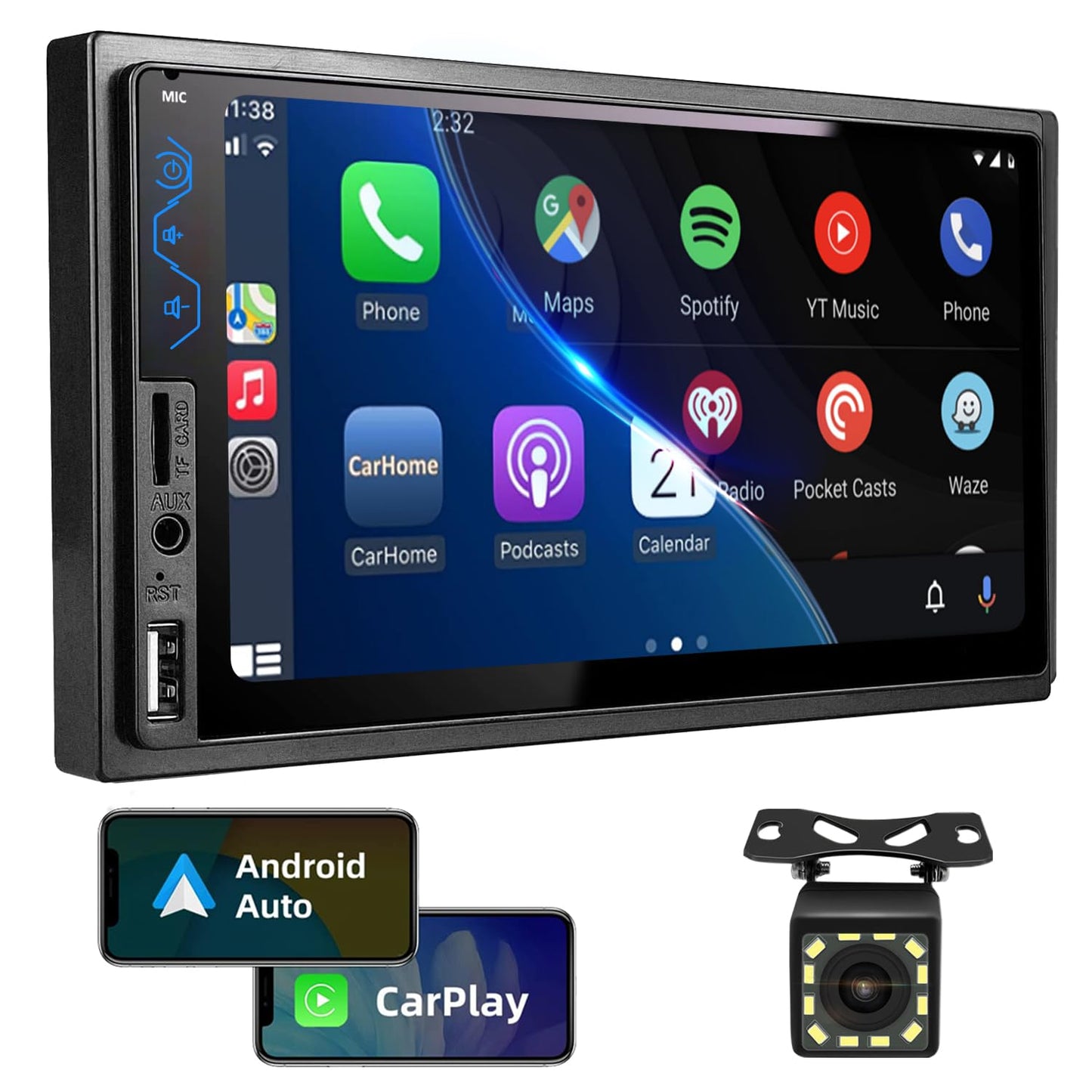 Double Din Car Stereo Compatible with Apple CarPlay and Android Auto - 7inch HD Touchscreen Car Audio Receivers with Bluetooth, Mirror Link, Backup Camera, SWC/USB/AUX/TF/Subwoofer, FM Car Radio