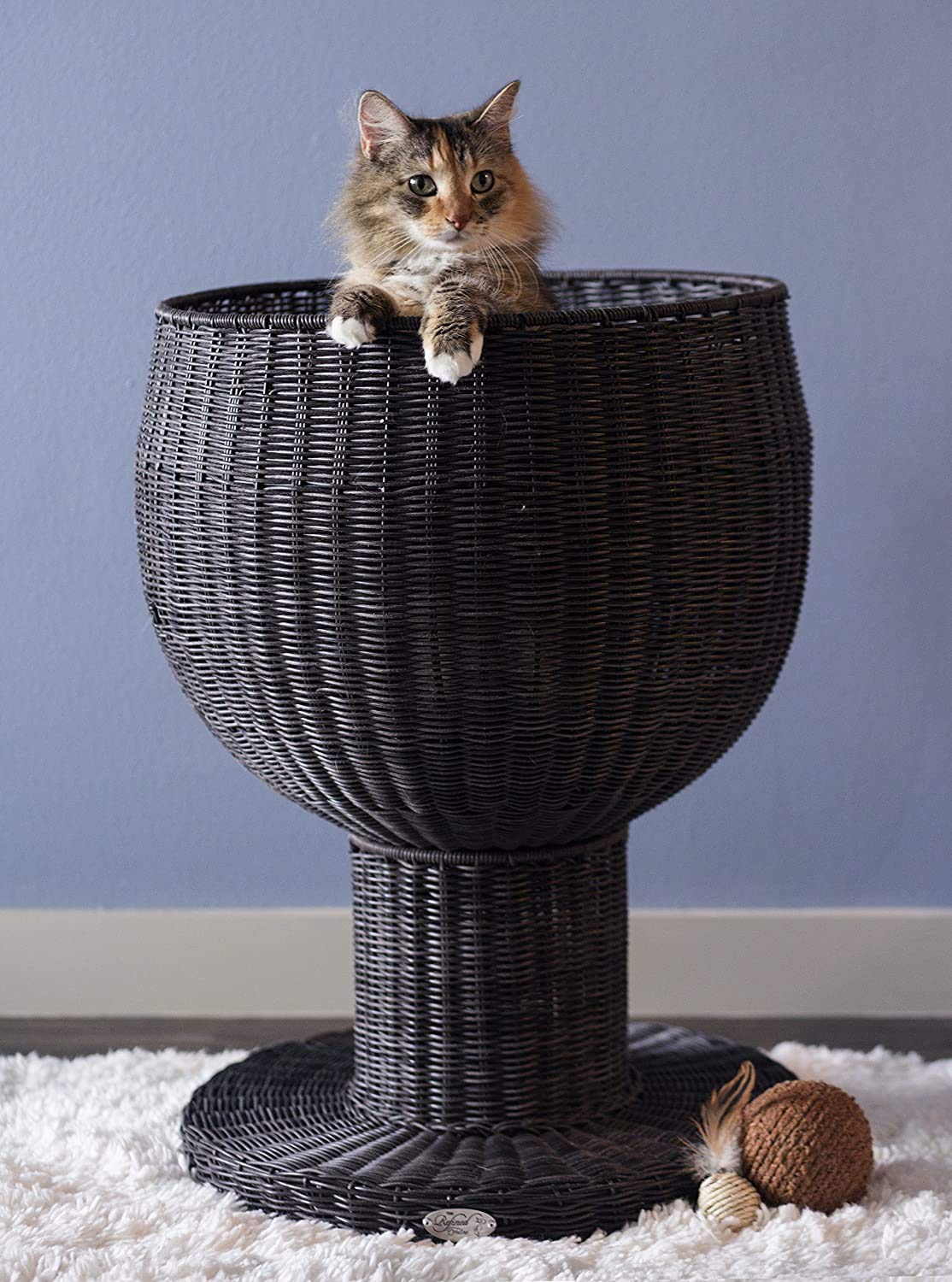 The Refined Feline Kitty Ball Cat Bed Cave for Indoor Cats in Espresso, Claw-Proof Faux Rattan Cat Furniture, Easy To Clean Elevated Cat Bed with Washable & Replaceable Covered Cushion