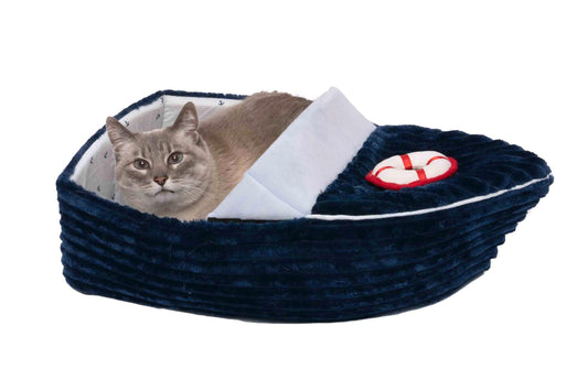 Furhaven Soft & Cozy Cat Bed w/ Catnip Toy for Indoor Cats, Washable w/ Removable Pillow Cushion Insert - Corduroy Boat Bed - Blue, Small