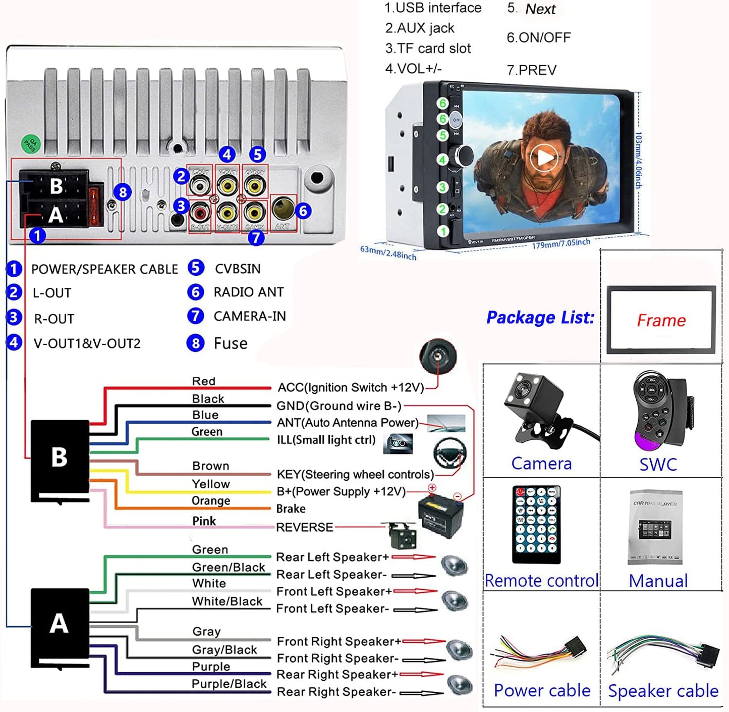 CAMECHO 7" Double Din Car Stereo Audio Bluetooth MP5 Player USB FM Multimedia Radio+ 4 LED Mini Backup Camera with Steering Wheel Remote Support Mobile Phone Synchronization (Used in Android/iOS)