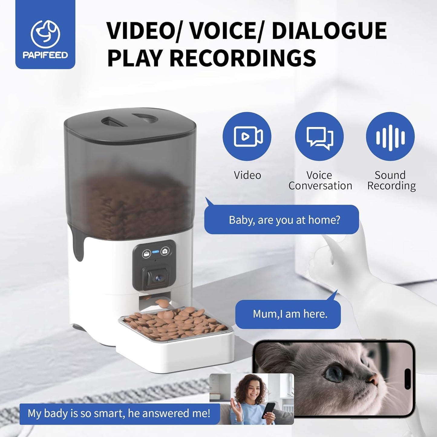 PAPIFEED Comedero automático para gatos con cámara, ángulo ajustable, WiFi 2.4G/App
