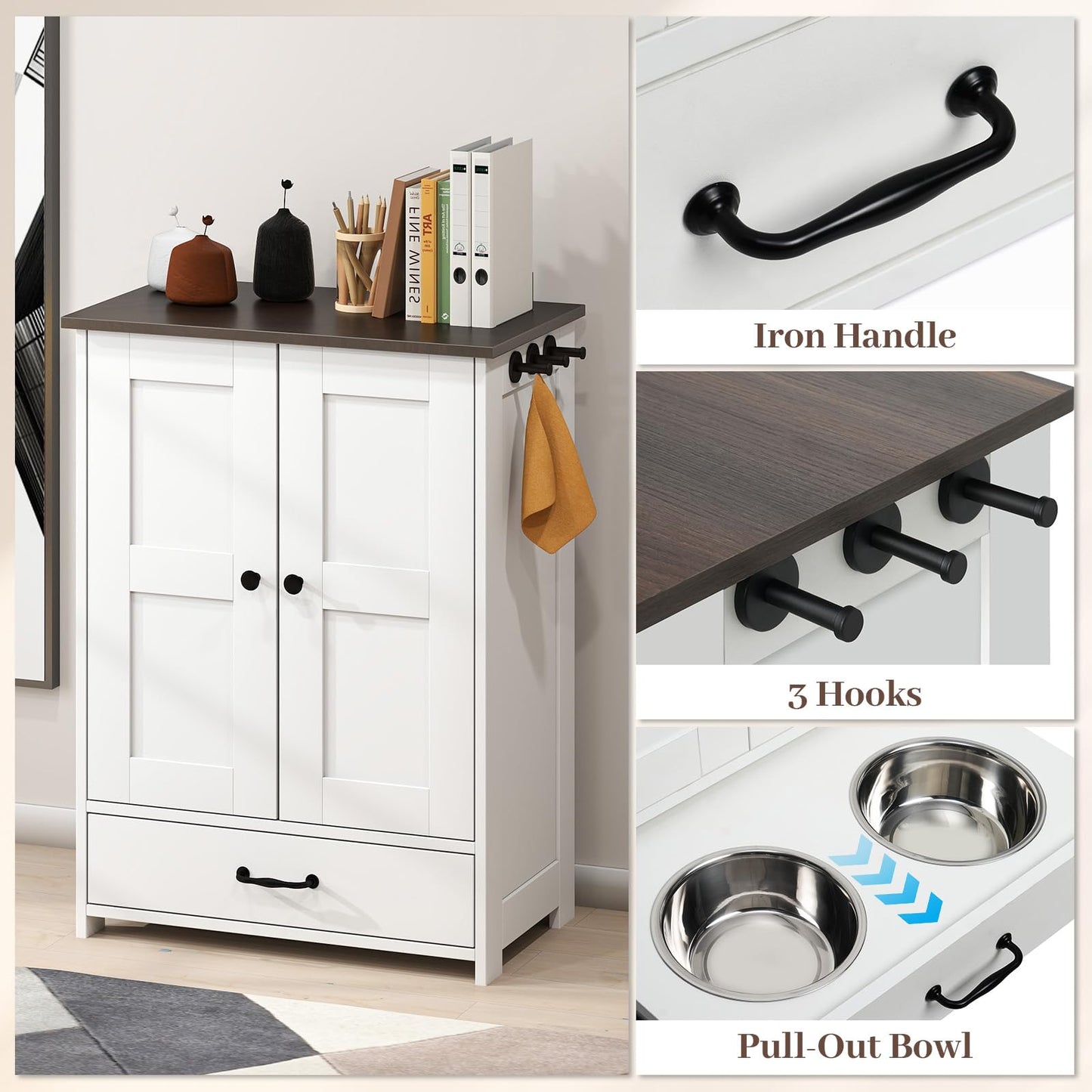 Rovibek Dog Food Storage Cabinet, Pet Feeding Station with Bowls, Adjustable Panel, Dog Feeding Station with Storage, Pet Feeder Station for Dogs Cats for Feeding & Watering Supplies, White