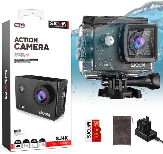 SJCAM SJ4000 Action Camera 4K, 40MP Waterproof Camera Underwater, OIS Stabilization Motorcycle Sport Camera, 170°FOV, 5X Zoom, Dual Batteries, 32G SD Card and Helmet Mount Accessories Kits