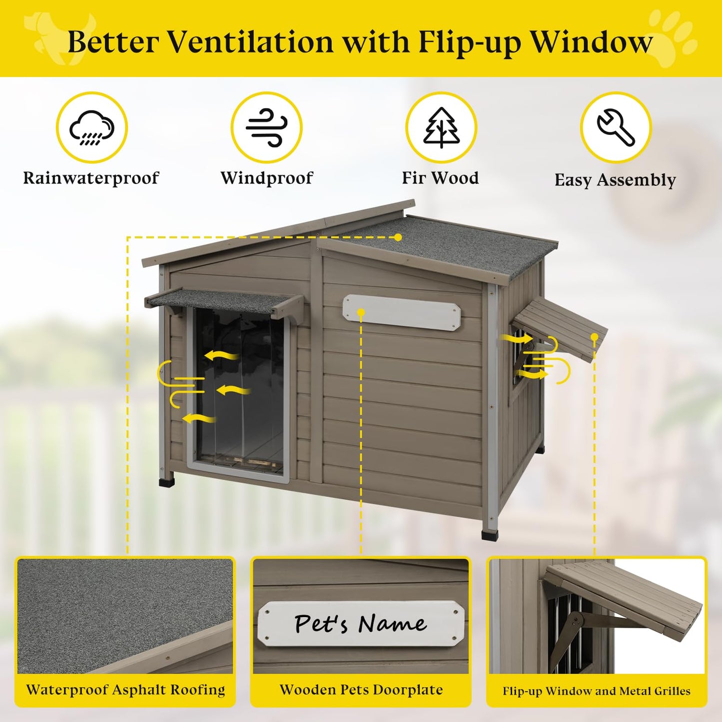 Gowoodhut Dog House Outdoor Weatherproof Large Wooden Dog Kennel Indoor with Chew-Proof Iron Frame, Removable Floor, and Adjustable Window for Large and Medium Dogs (Grey, 43.5"D x 29.5"W x 33.5"H)
