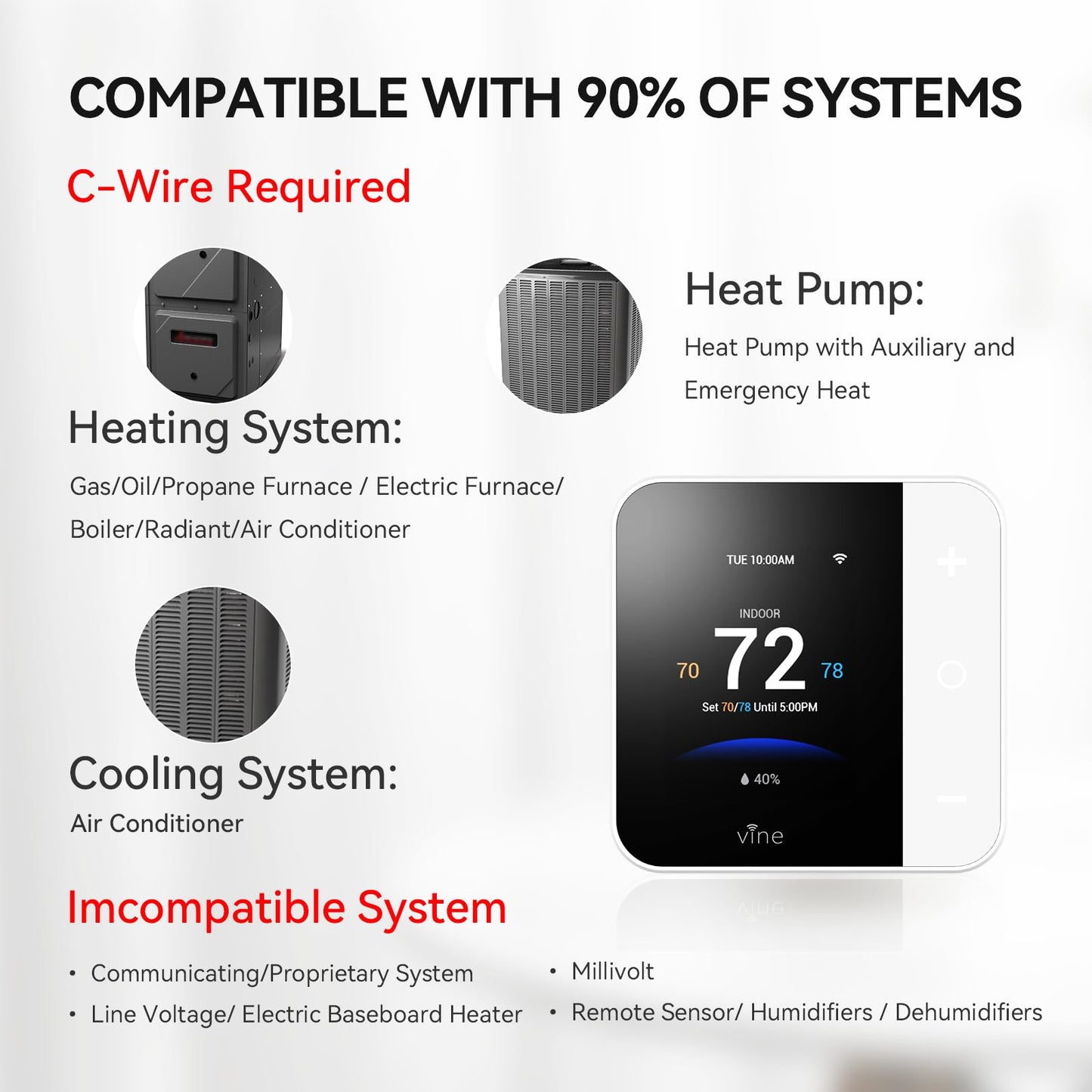 Vine Thermostat for Home with Touchscreen Color Display, WiFi Smart Thermostat Compatible with Alexa and Google Assistant, 7day/8period Programmable, Energy Saving, C-Wire Required, Screen Size 2.8"