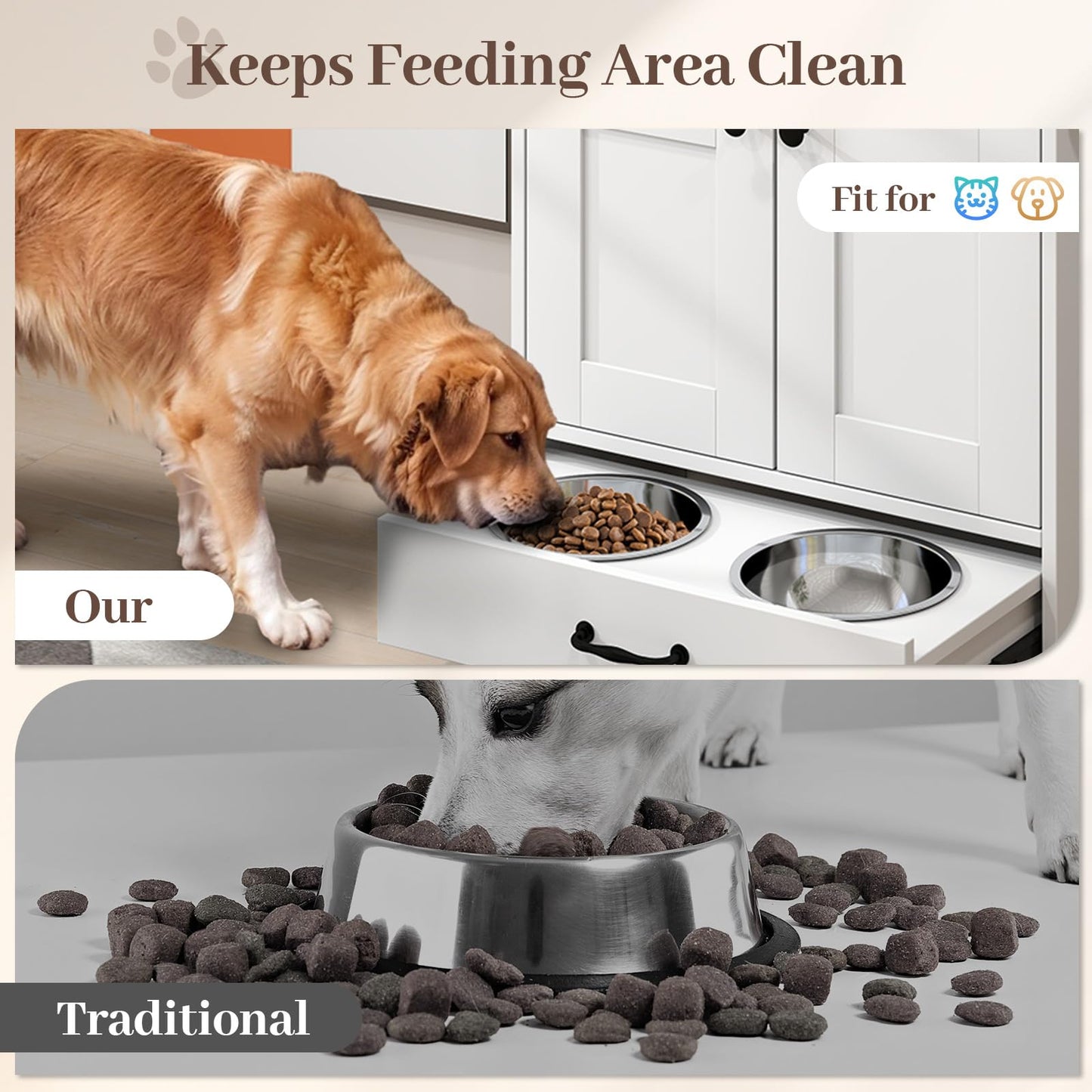 Rovibek Dog Food Storage Cabinet, Pet Feeding Station with Bowls, Adjustable Panel, Dog Feeding Station with Storage, Pet Feeder Station for Dogs Cats for Feeding & Watering Supplies, White