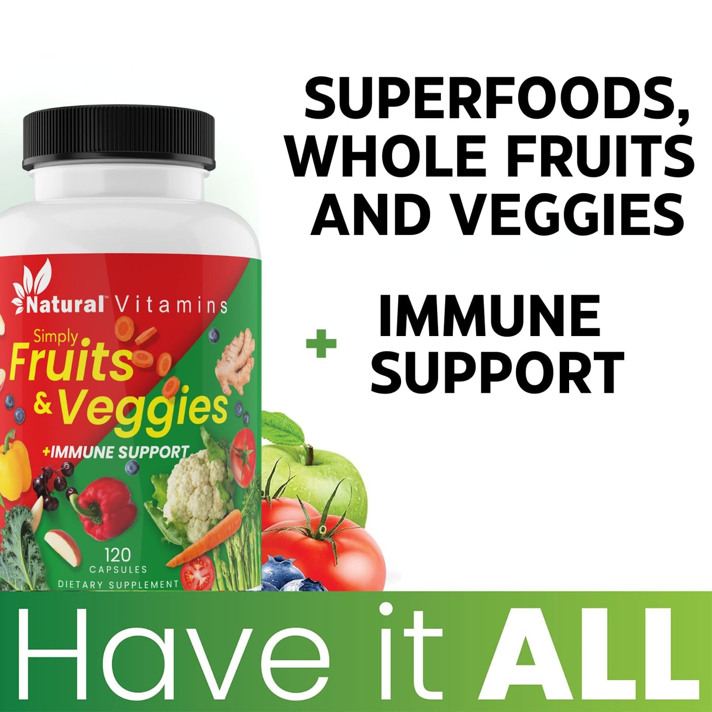 Natural Vitamins Immune Support Multivitamin with Fruits & Veggies - Complete Daily Health Support - Antioxidant-Rich, Packed with Vitamins and Minerals - Naturally Enhances Immunity
